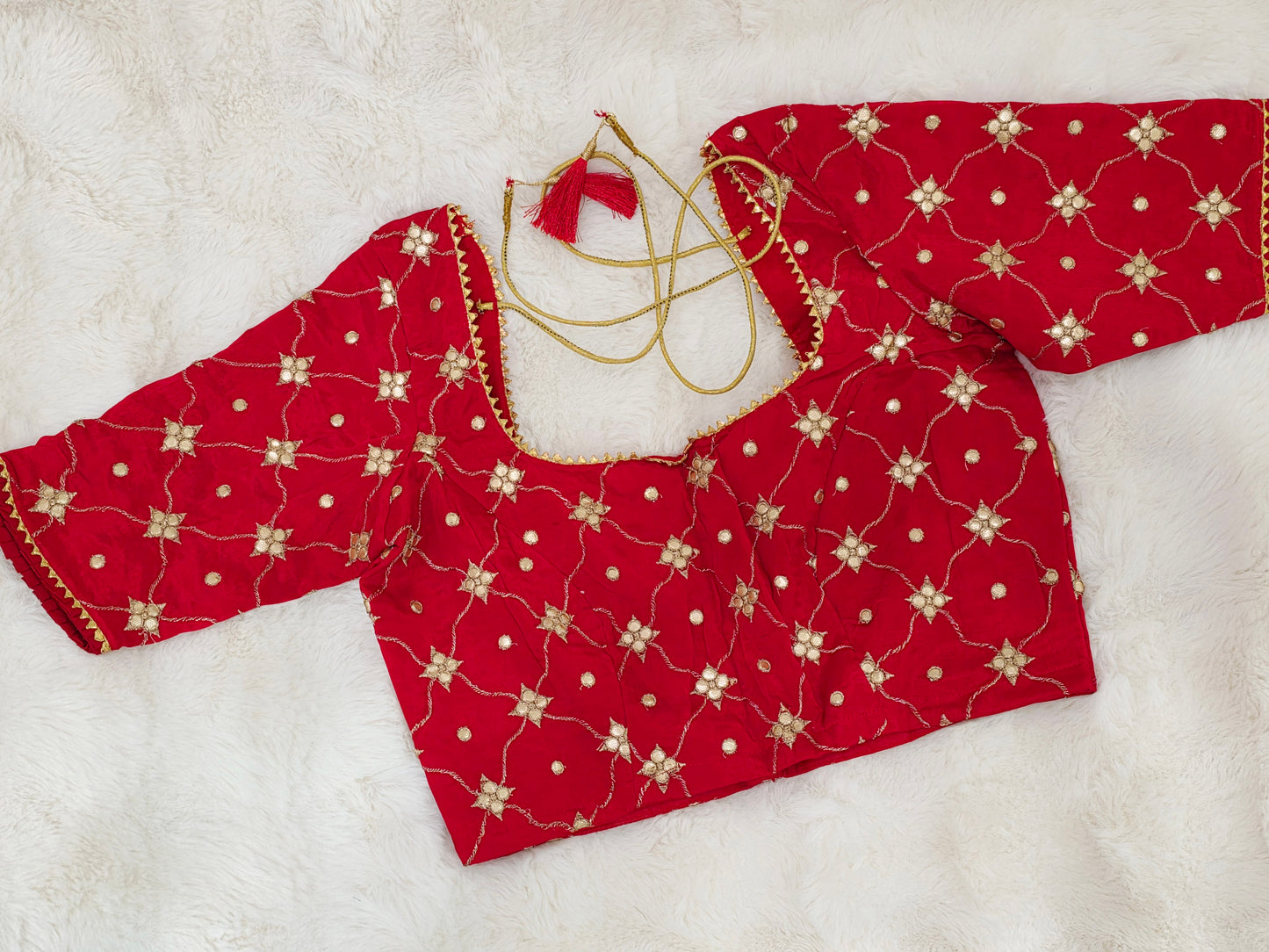Ruby Red Crepe Silk Gota Patti Designer Blouse with Floral Lattice Work