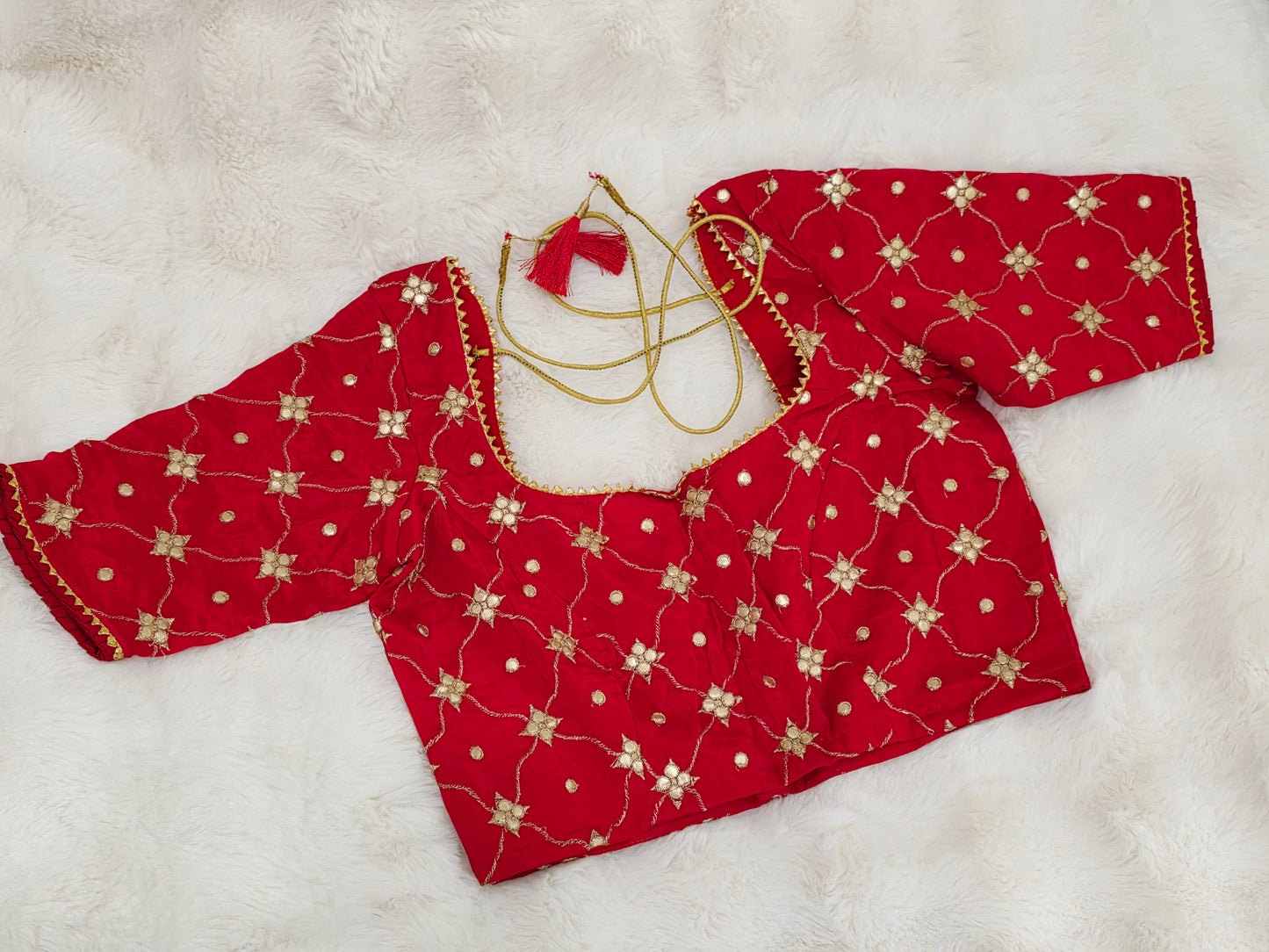 Ruby Red Crepe Silk Gota Patti Designer Blouse with Floral Lattice Work