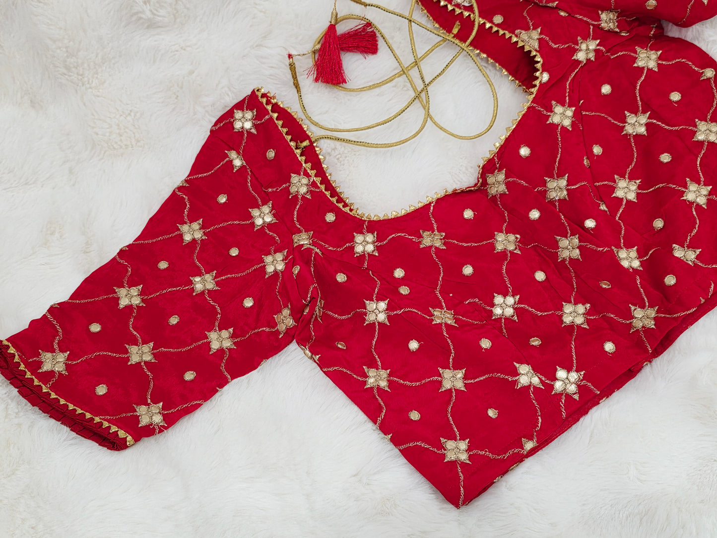 Ruby Red Crepe Silk Gota Patti Designer Blouse with Floral Lattice Work