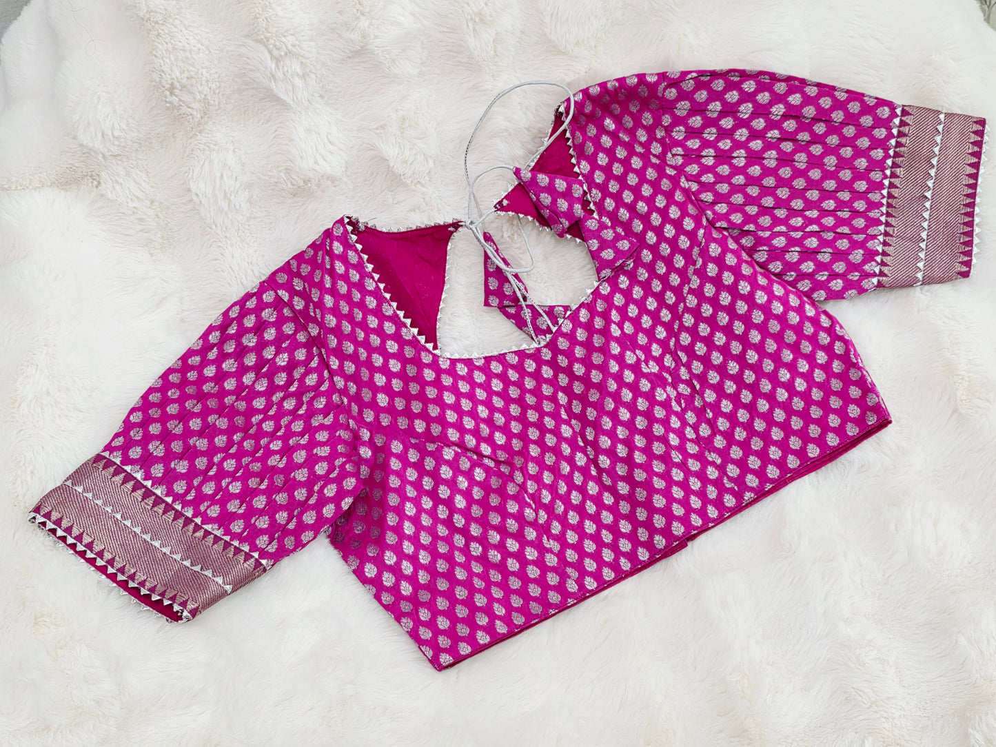 Rani Pink Benarasi Puff Patterned Sleeves Designer Blouse