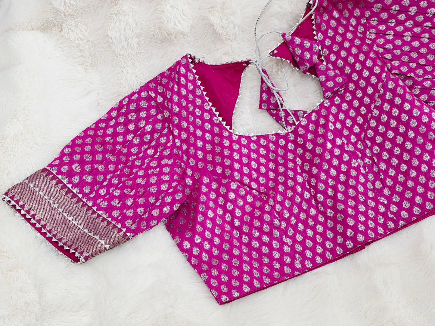 Rani Pink Benarasi Puff Patterned Sleeves Designer Blouse