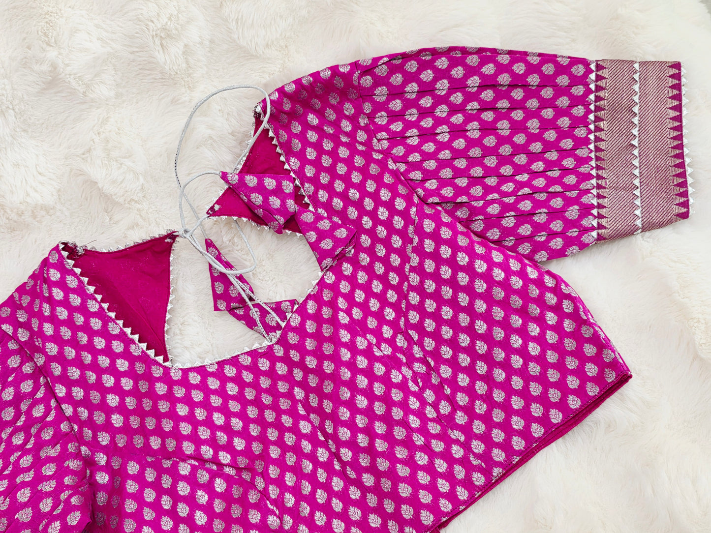 Rani Pink Benarasi Puff Patterned Sleeves Designer Blouse