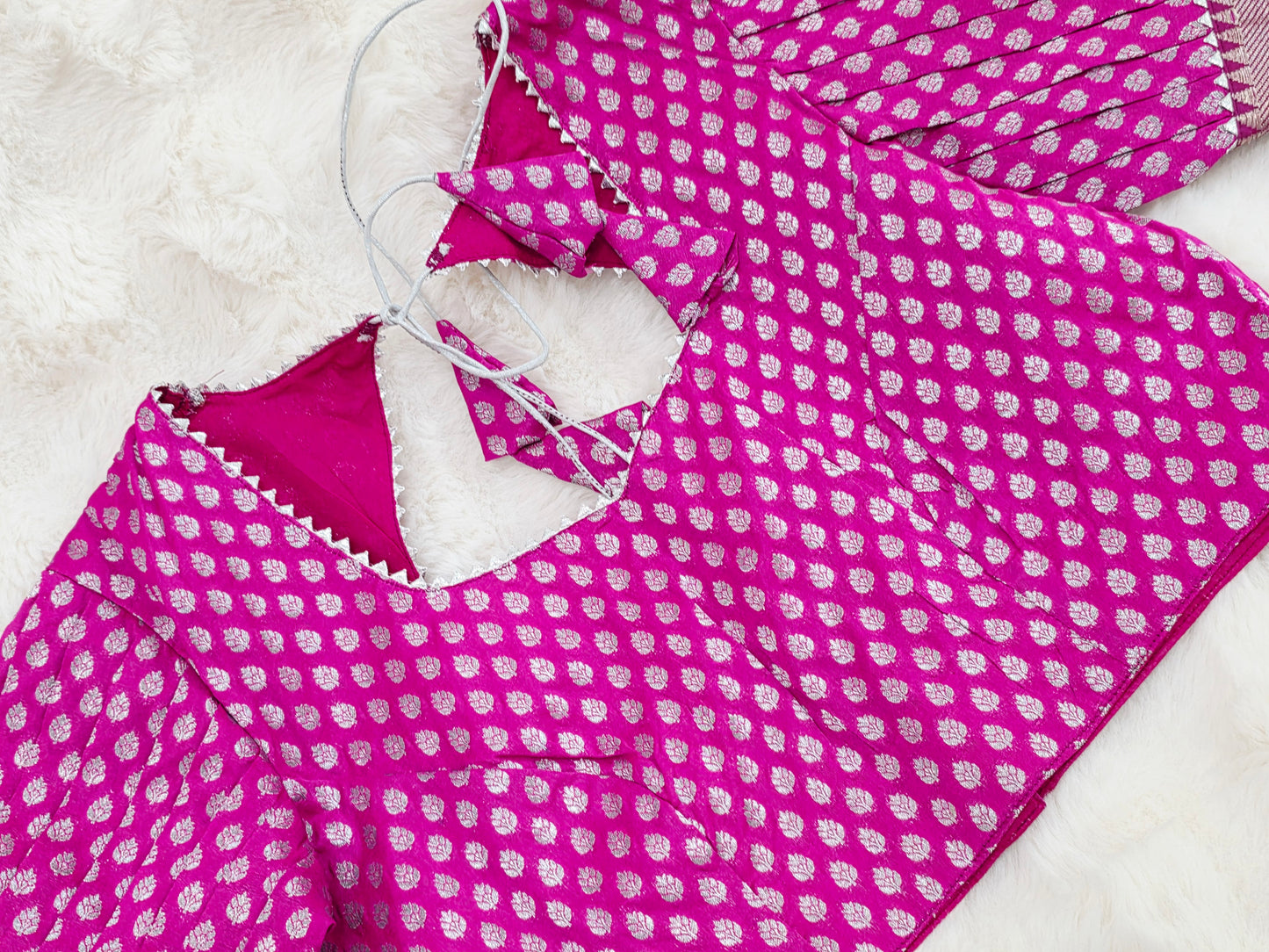 Rani Pink Benarasi Puff Patterned Sleeves Designer Blouse