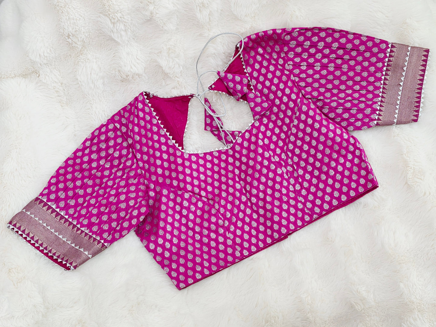 Rani Pink Benarasi Puff Patterned Sleeves Designer Blouse