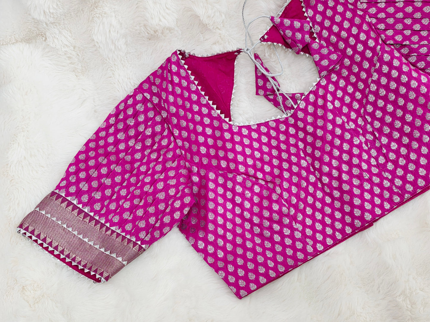Rani Pink Benarasi Puff Patterned Sleeves Designer Blouse