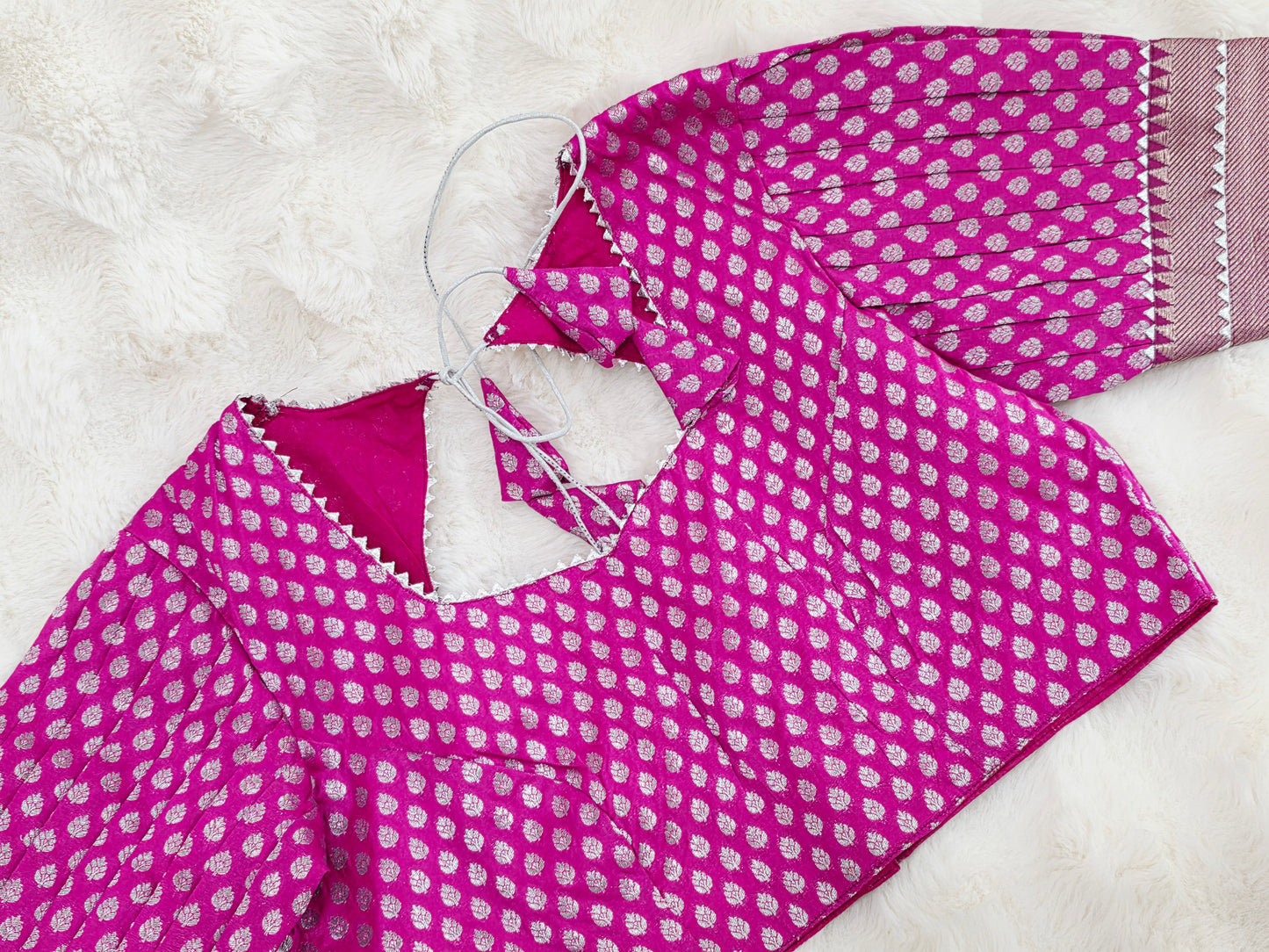 Rani Pink Benarasi Puff Patterned Sleeves Designer Blouse