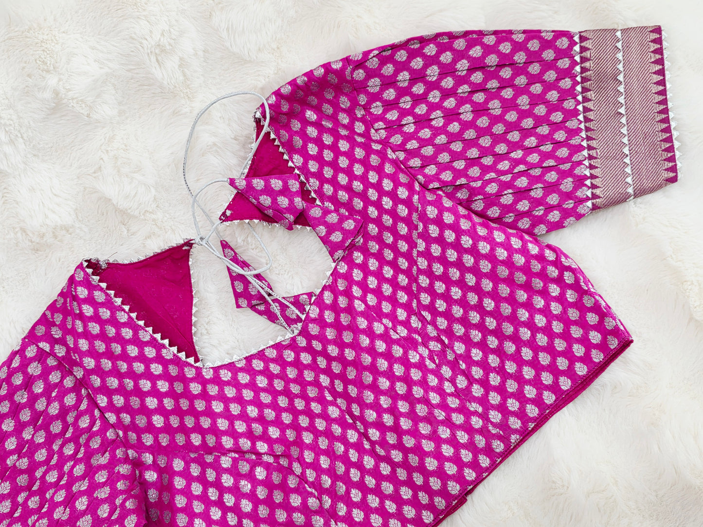 Rani Pink Benarasi Puff Patterned Sleeves Designer Blouse