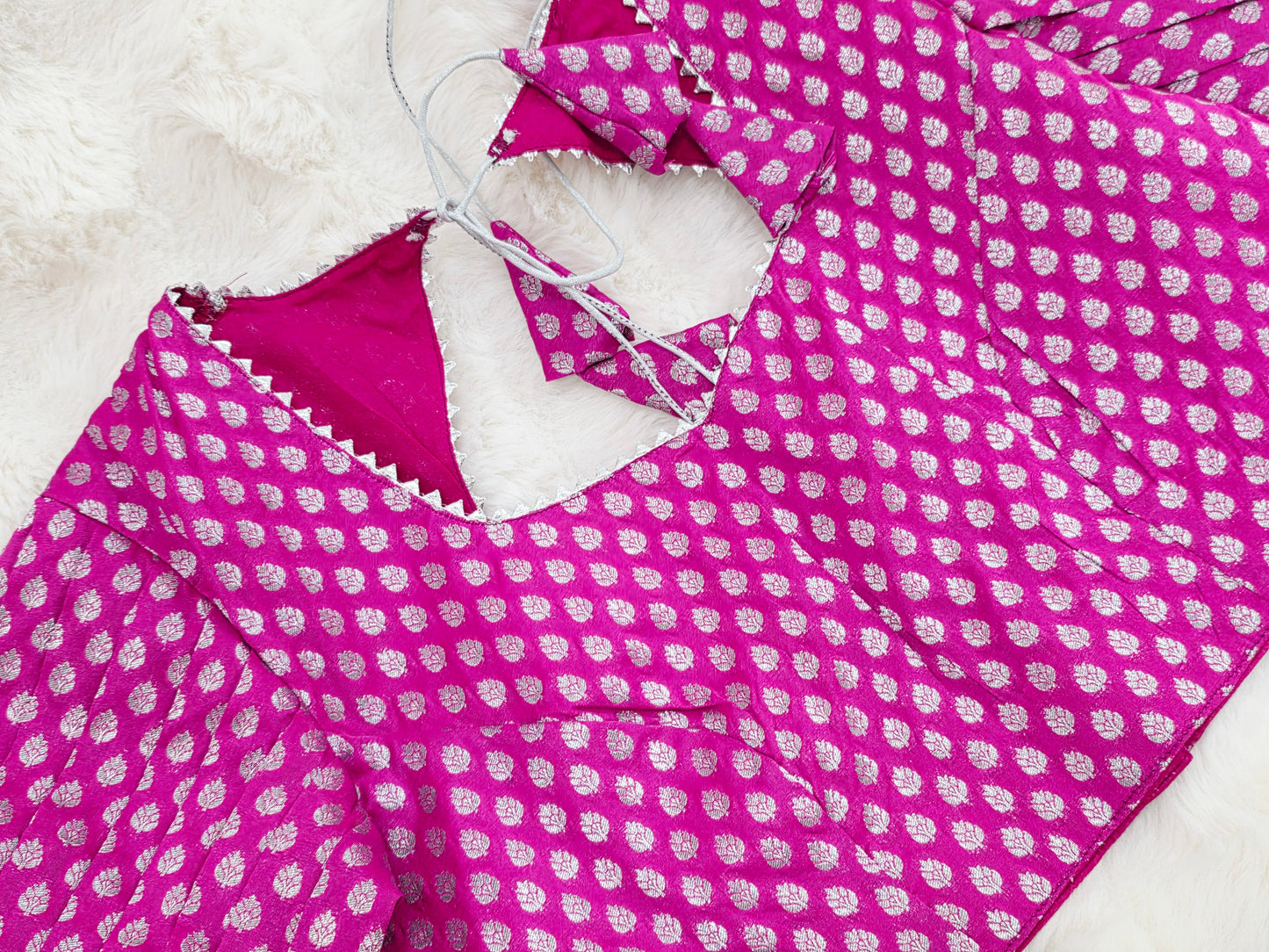 Rani Pink Benarasi Puff Patterned Sleeves Designer Blouse