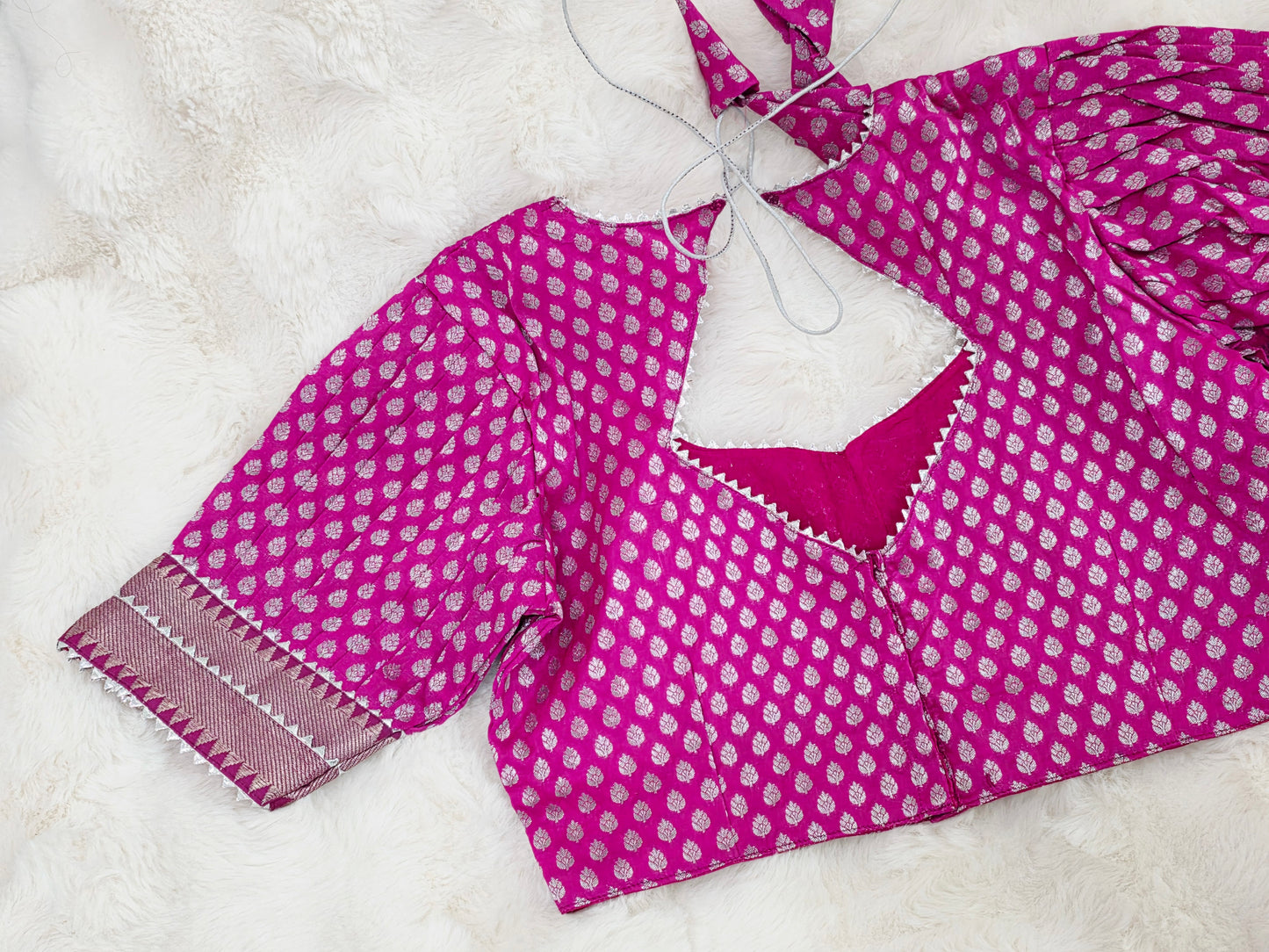 Rani Pink Benarasi Puff Patterned Sleeves Designer Blouse