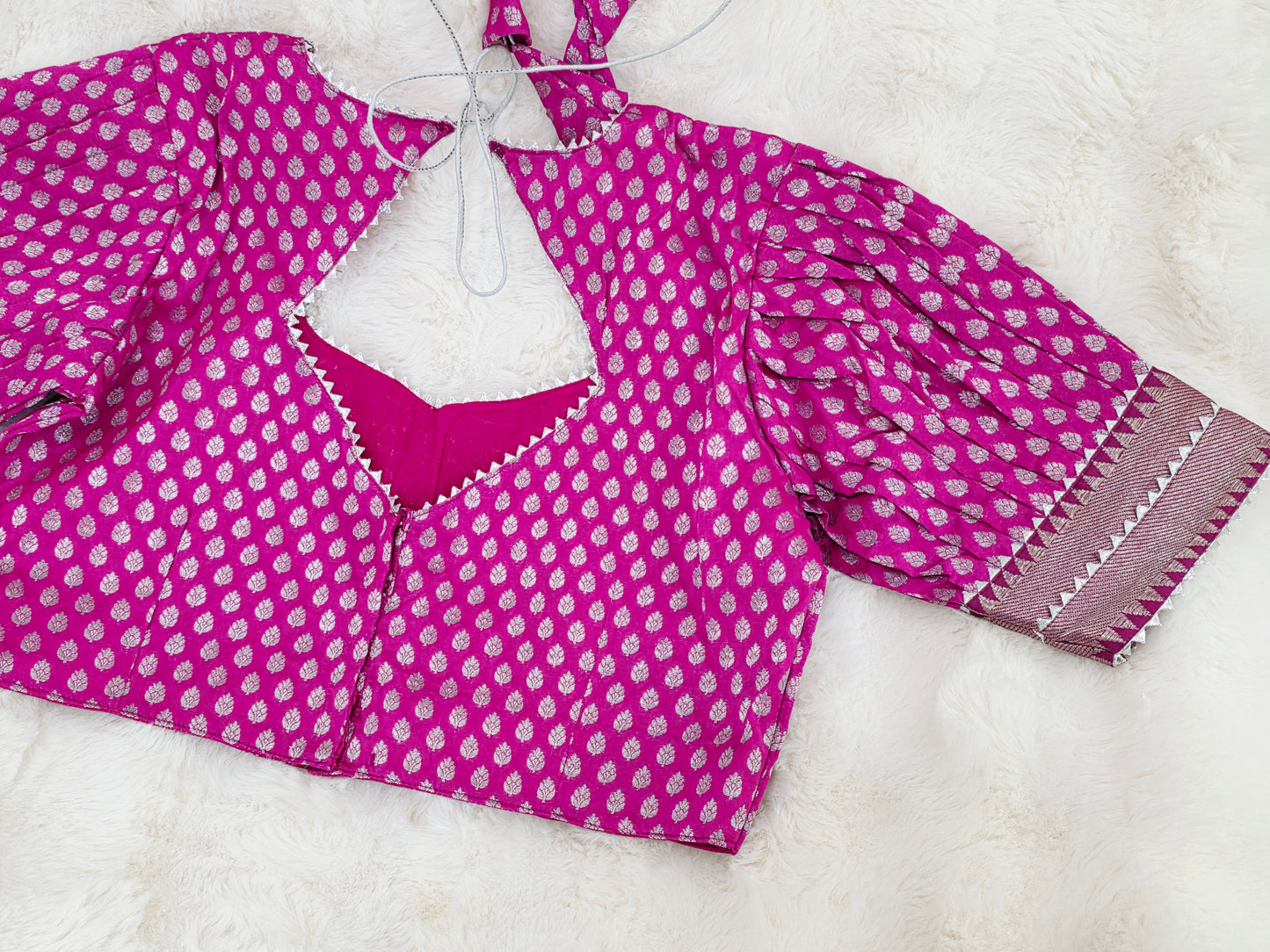 Rani Pink Benarasi Puff Patterned Sleeves Designer Blouse