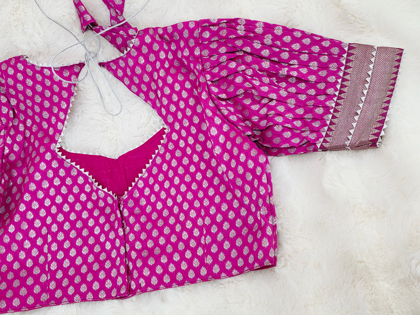 Rani Pink Benarasi Puff Patterned Sleeves Designer Blouse