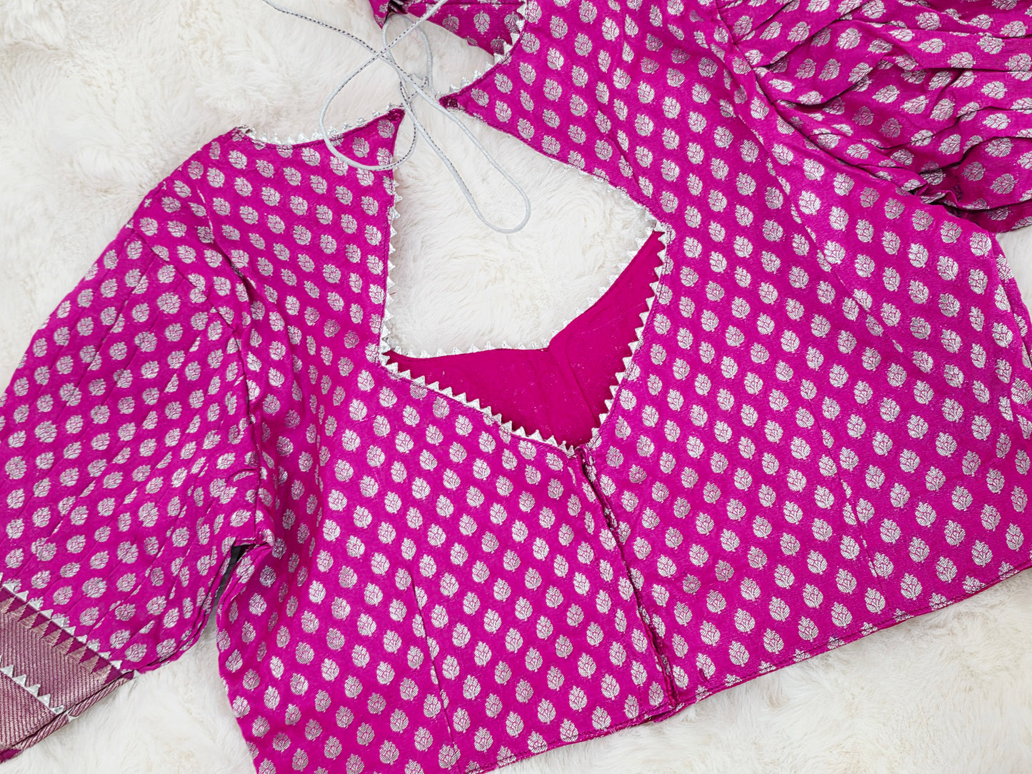 Rani Pink Benarasi Puff Patterned Sleeves Designer Blouse