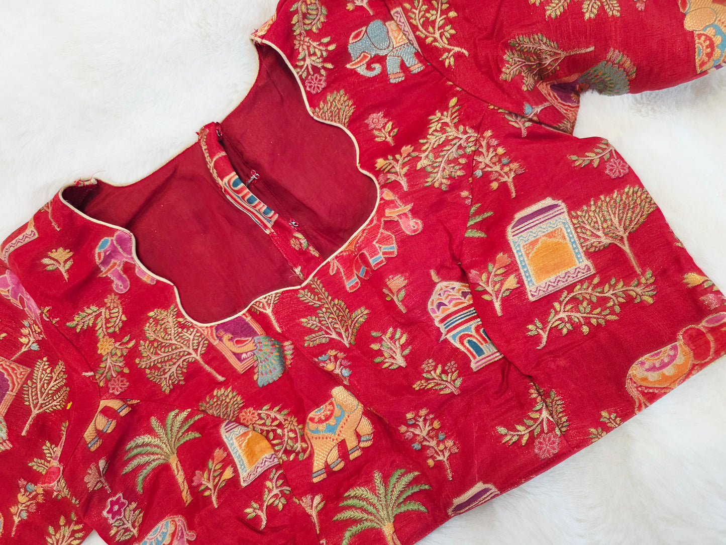 Ruby Red Designer Benarasi Silk Cotton Woven Pattern Blouse