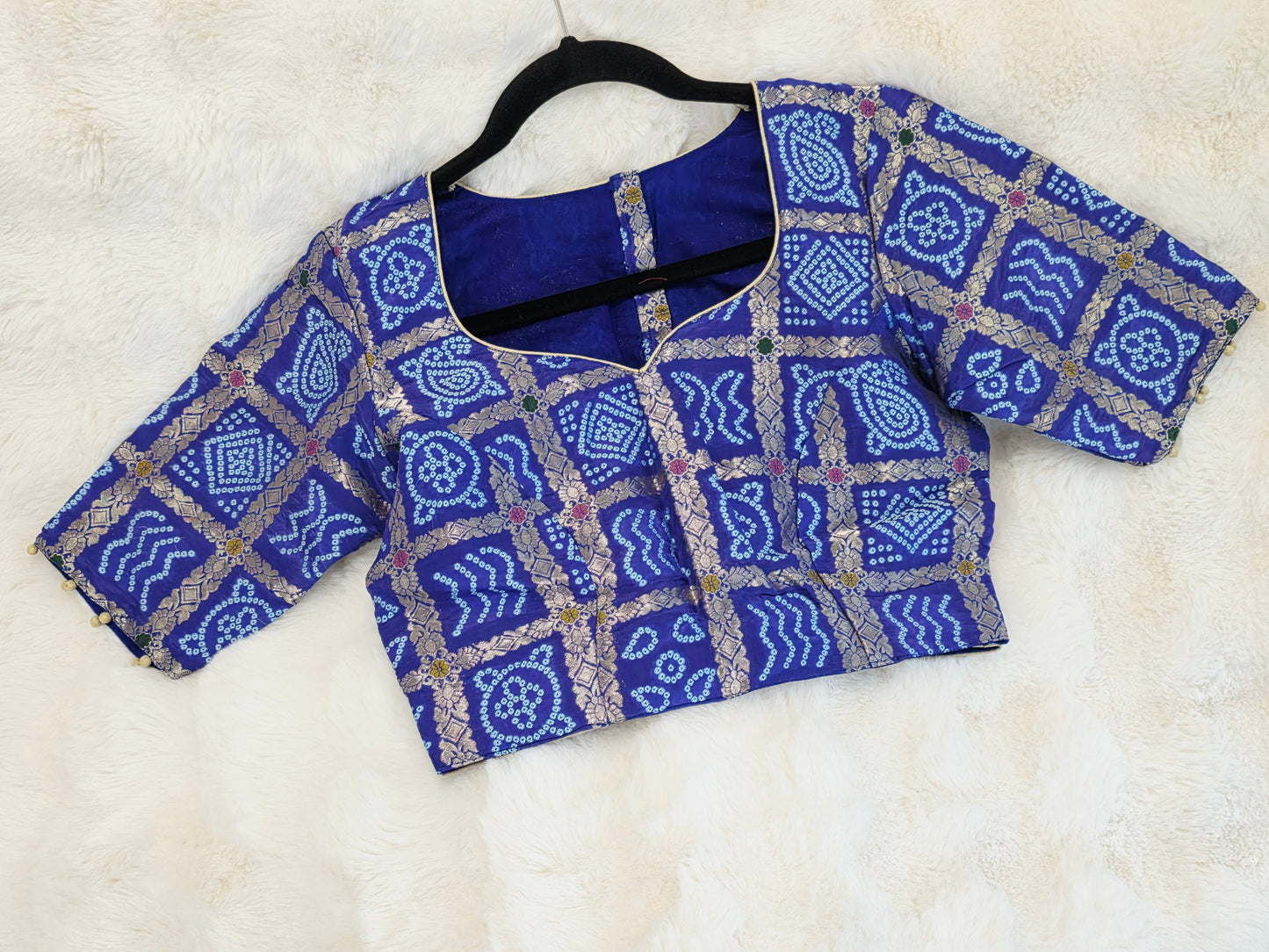 Royal Cobalt Blue Gharchola Checks Bandhani Munga Benarasi Silk Blouse