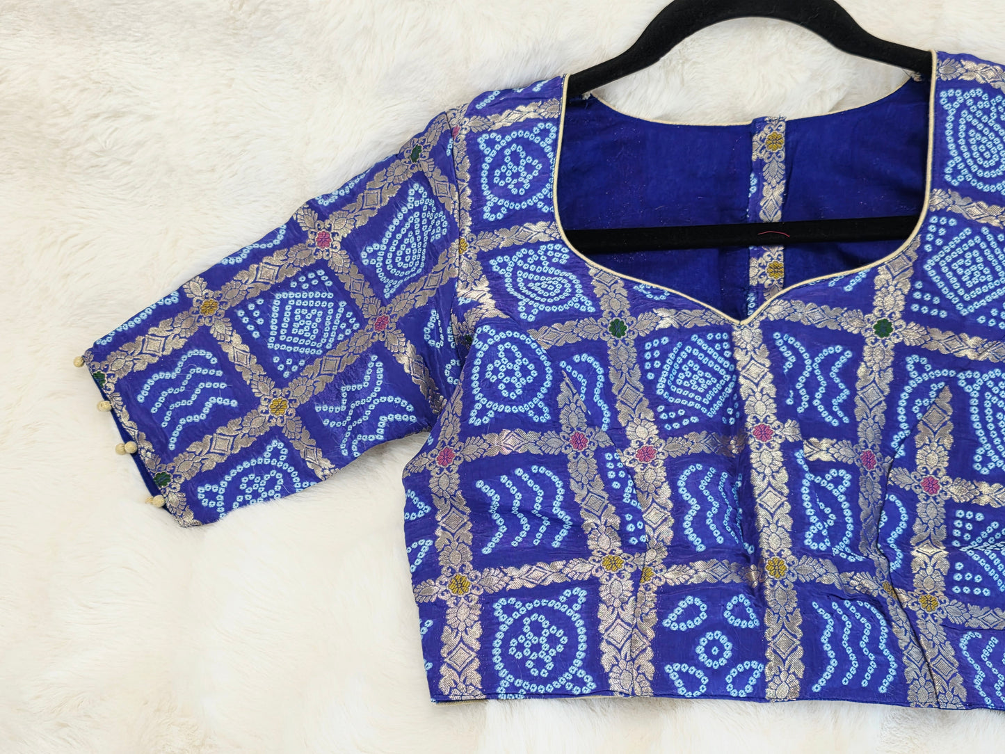Royal Cobalt Blue Gharchola Checks Bandhani Munga Benarasi Silk Blouse