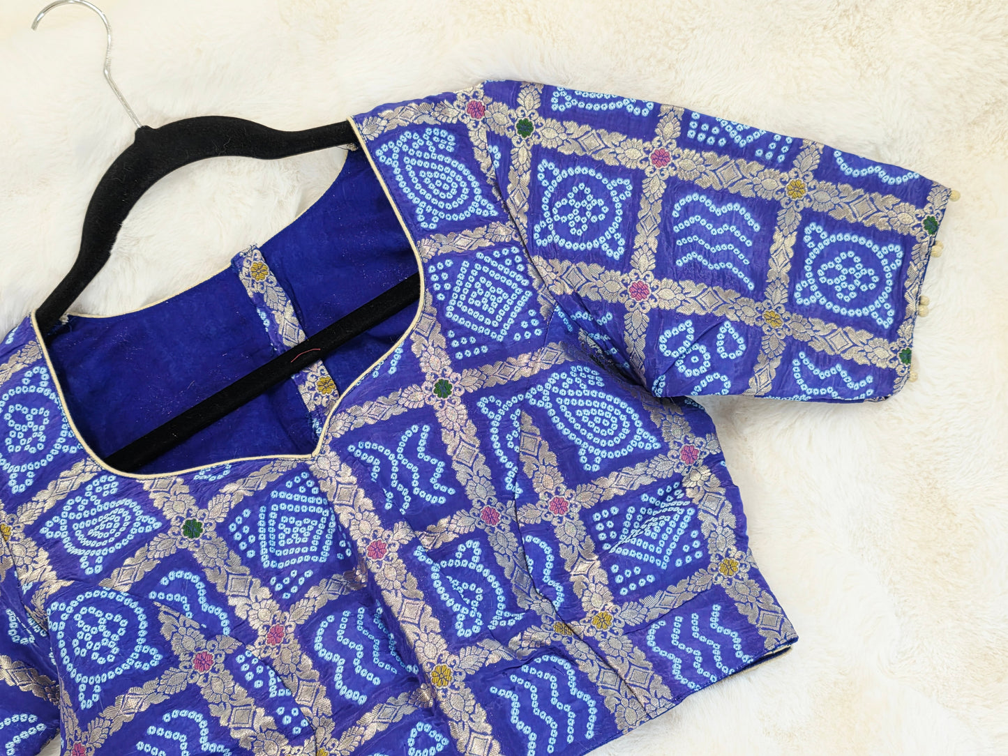 Royal Cobalt Blue Gharchola Checks Bandhani Munga Benarasi Silk Blouse