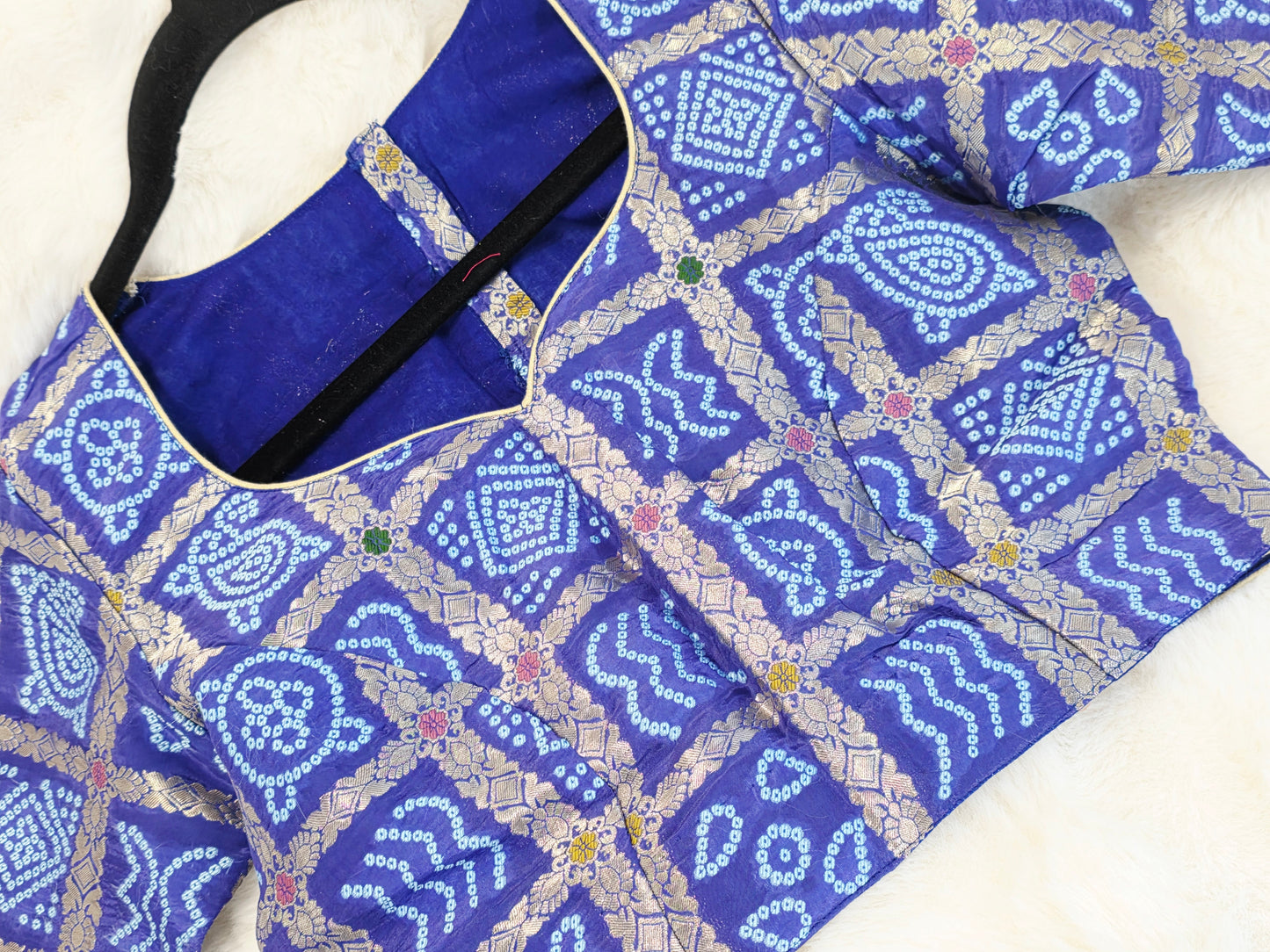 Royal Cobalt Blue Gharchola Checks Bandhani Munga Benarasi Silk Blouse