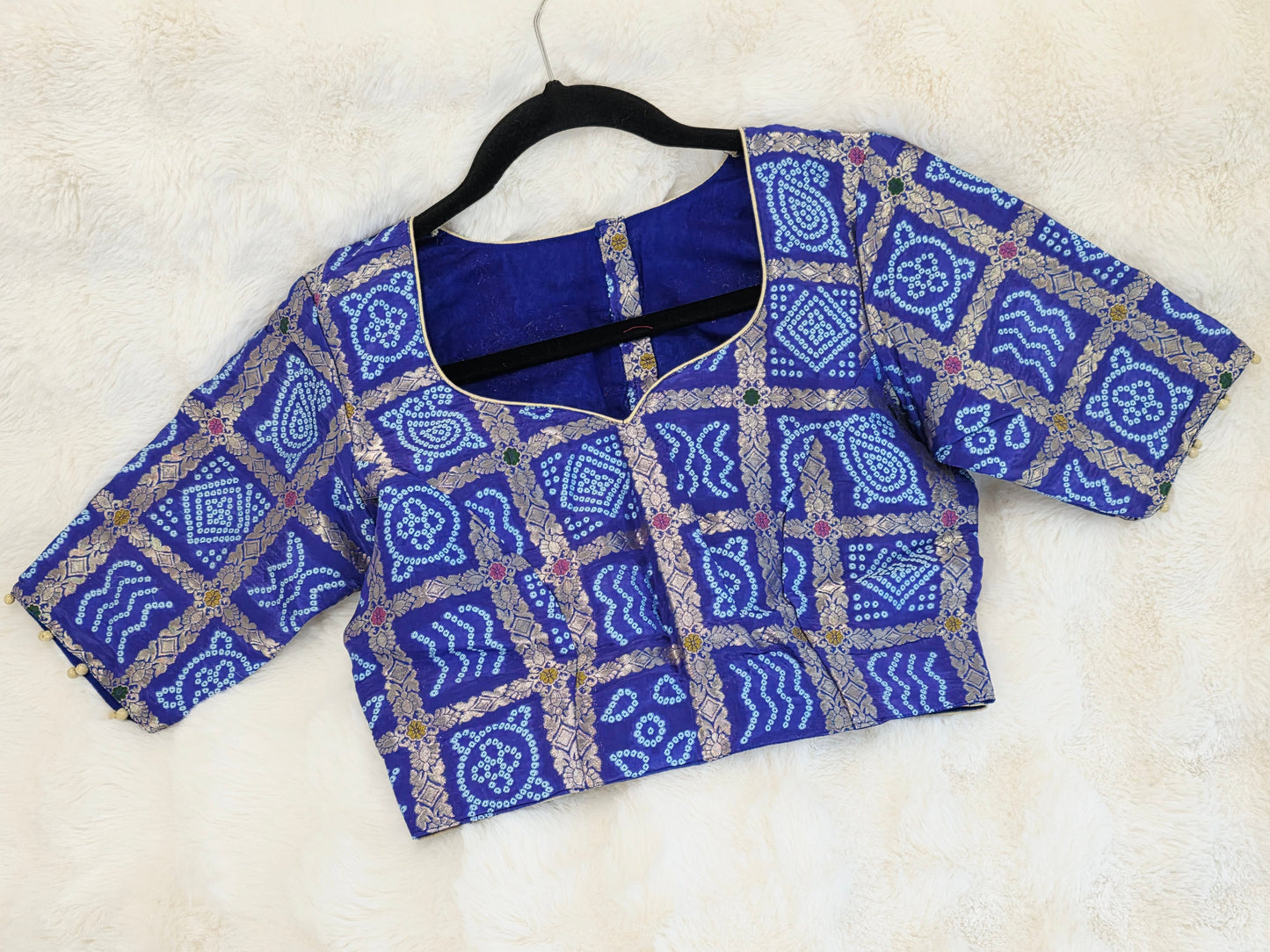 Royal Cobalt Blue Gharchola Checks Bandhani Munga Benarasi Silk Blouse