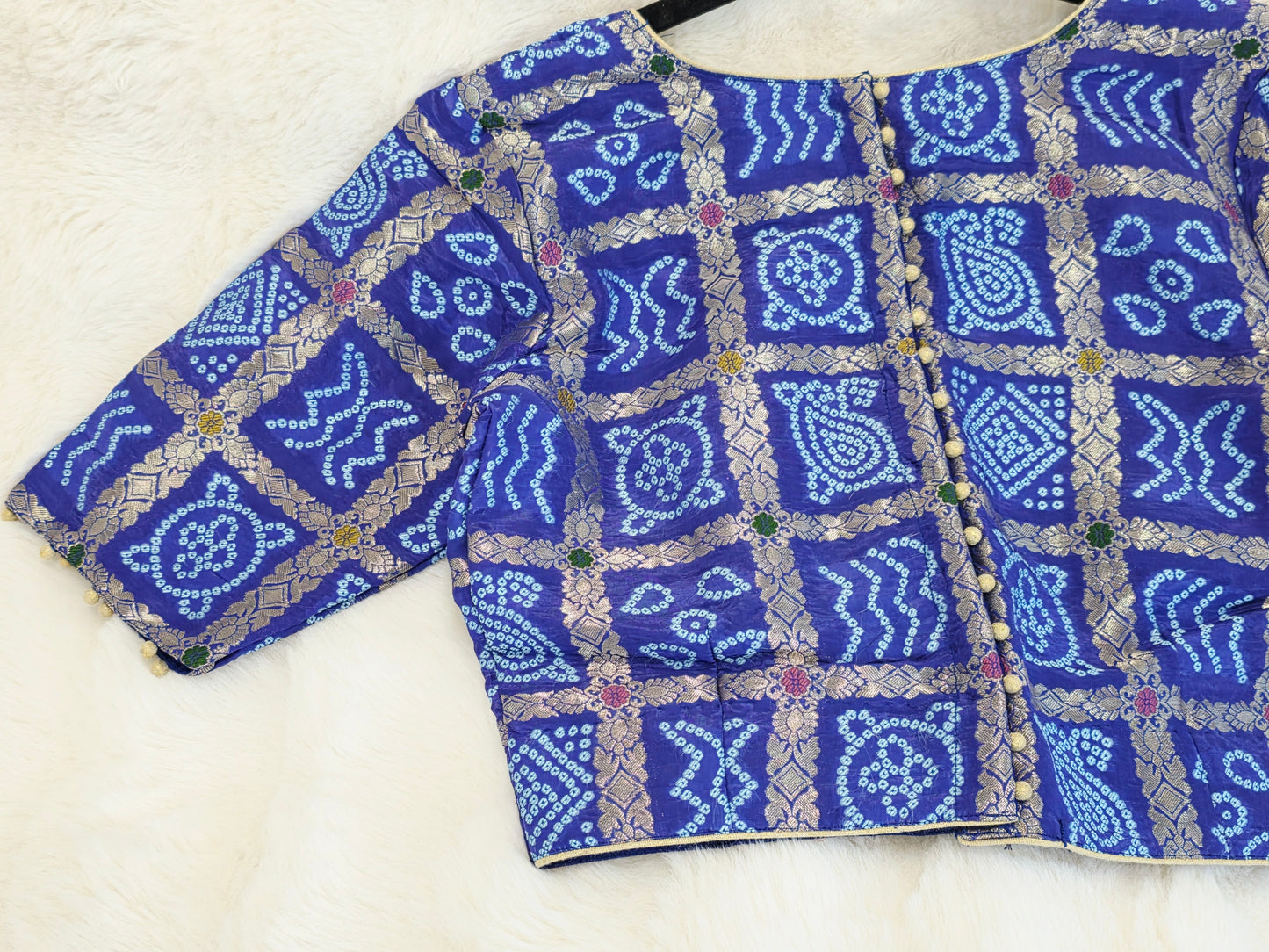 Royal Cobalt Blue Gharchola Checks Bandhani Munga Benarasi Silk Blouse