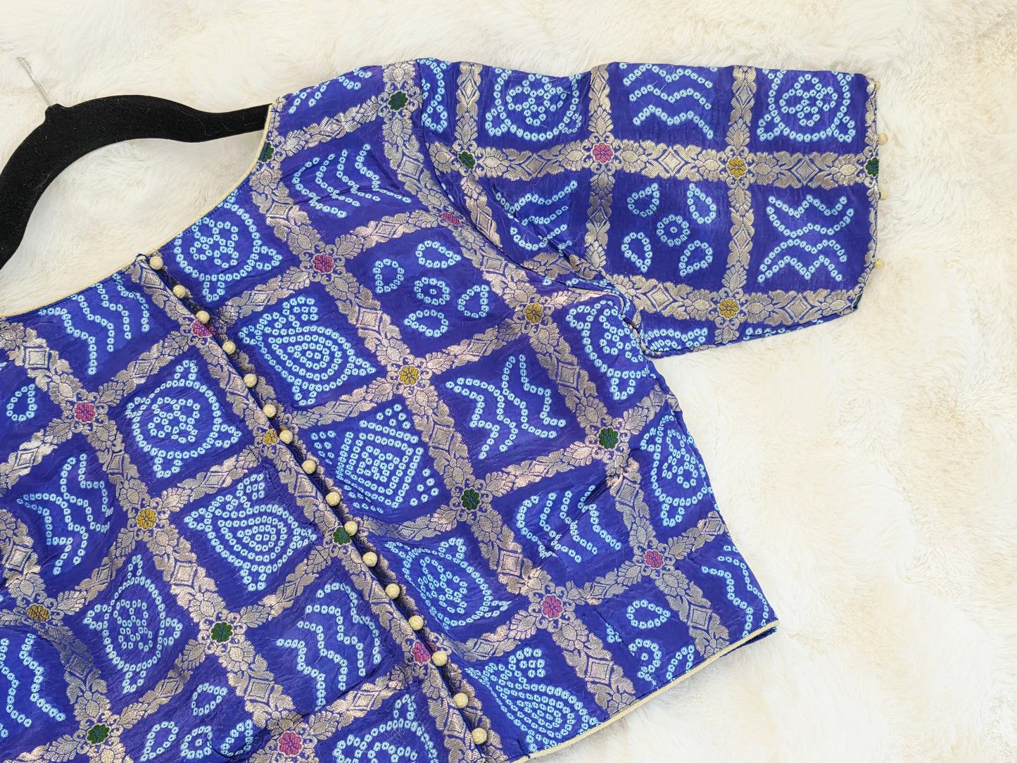 Royal Cobalt Blue Gharchola Checks Bandhani Munga Benarasi Silk Blouse