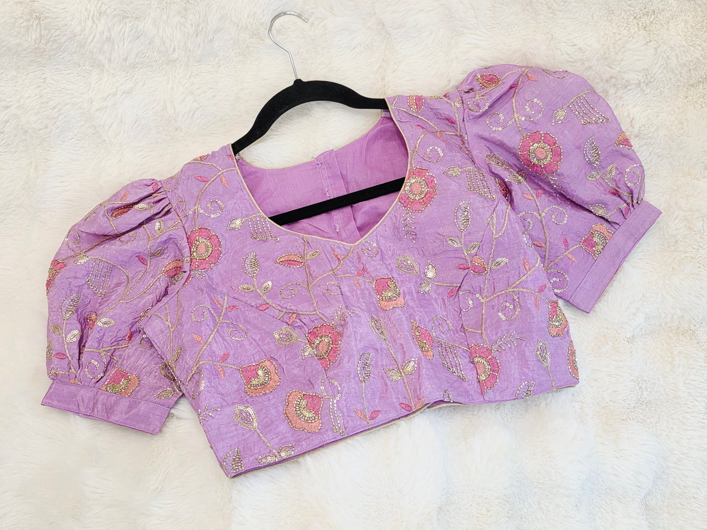 Lavender Bloom Crushed Silk Embroidered Puff Sleeves Blouse