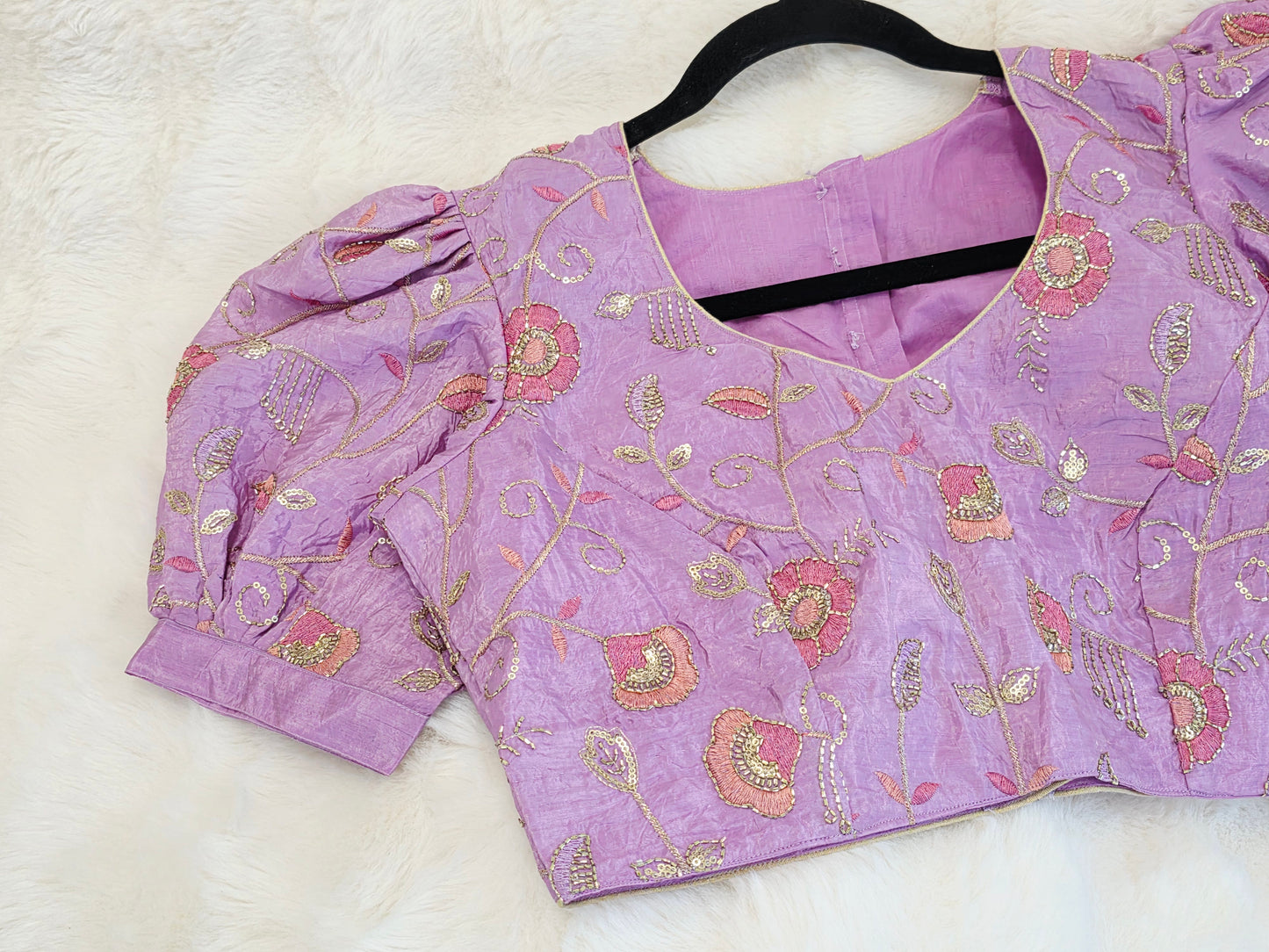 Lavender Bloom Crushed Silk Embroidered Puff Sleeves Blouse