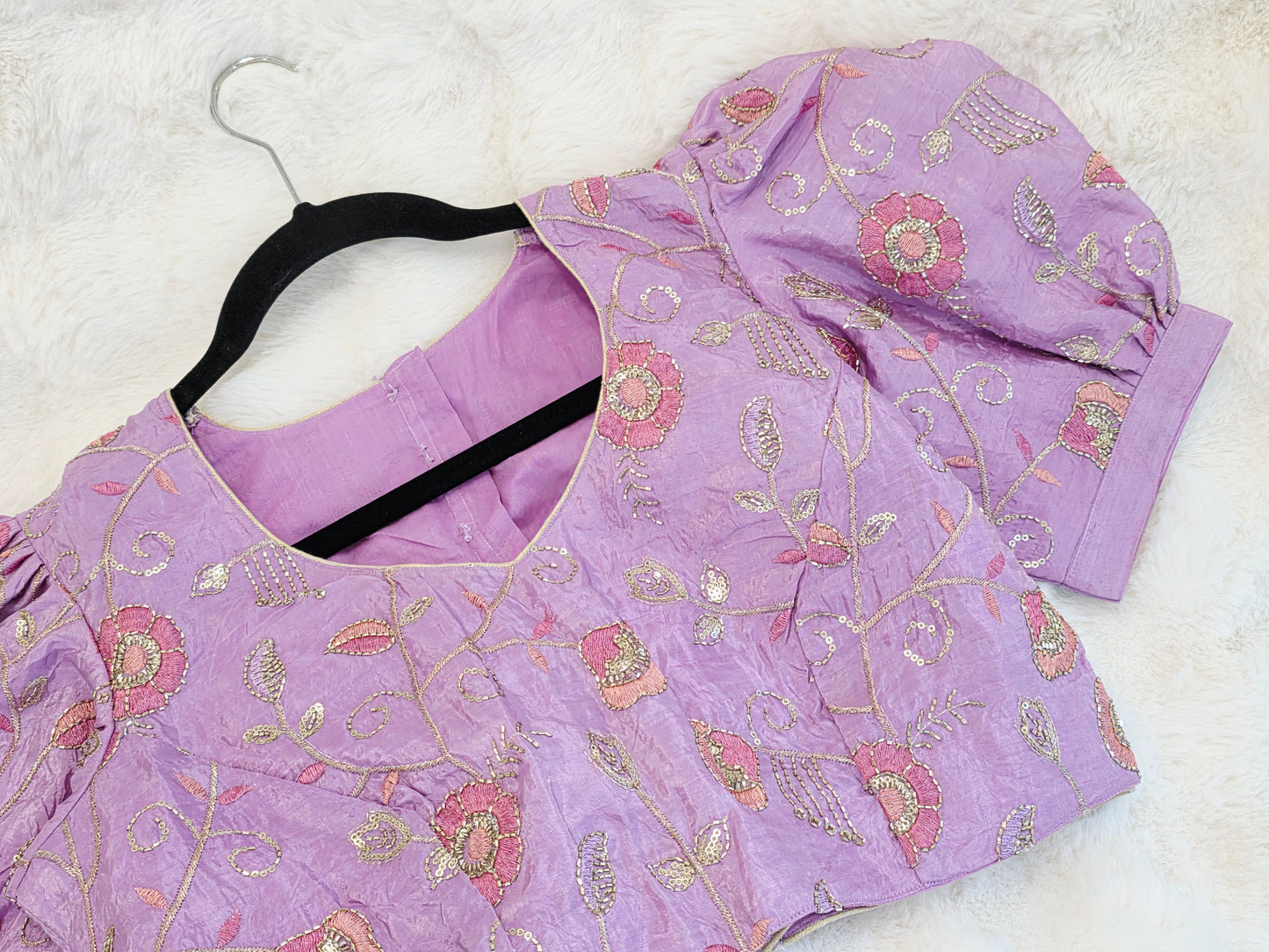 Lavender Bloom Crushed Silk Embroidered Puff Sleeves Blouse