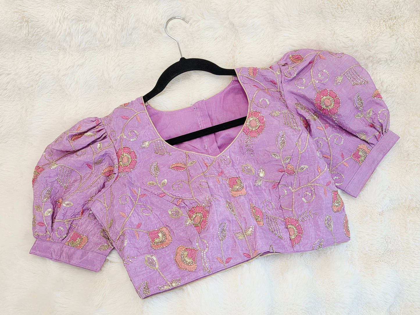 Lavender Bloom Crushed Silk Embroidered Puff Sleeves Blouse