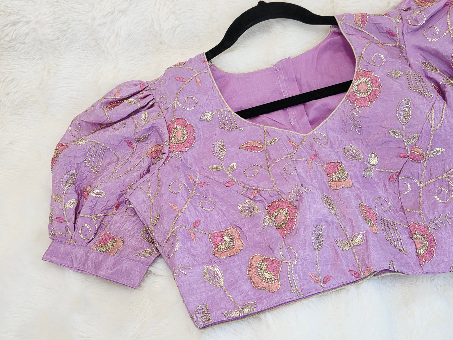 Lavender Bloom Crushed Silk Embroidered Puff Sleeves Blouse