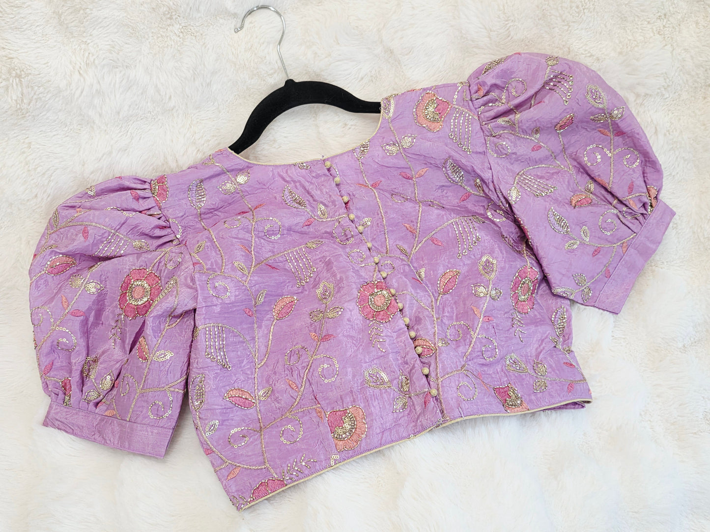Lavender Bloom Crushed Silk Embroidered Puff Sleeves Blouse
