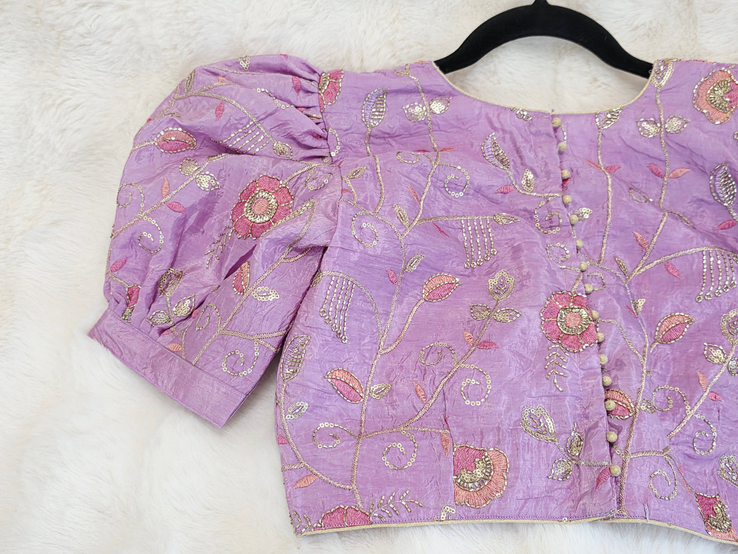 Lavender Bloom Crushed Silk Embroidered Puff Sleeves Blouse