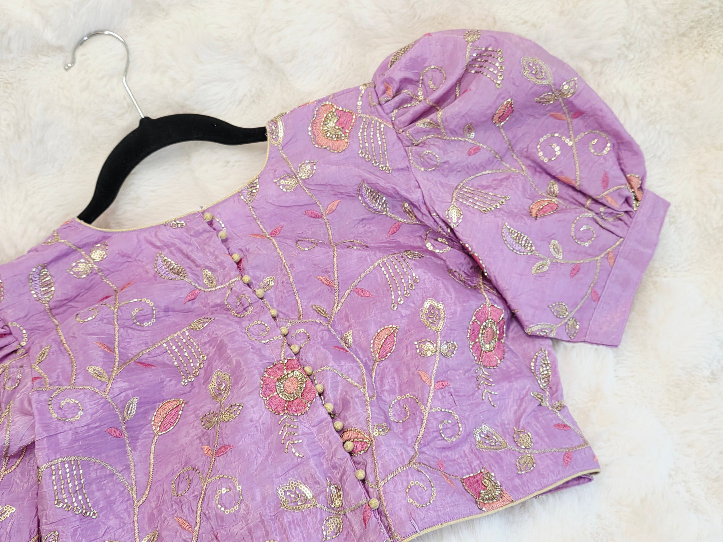 Lavender Bloom Crushed Silk Embroidered Puff Sleeves Blouse