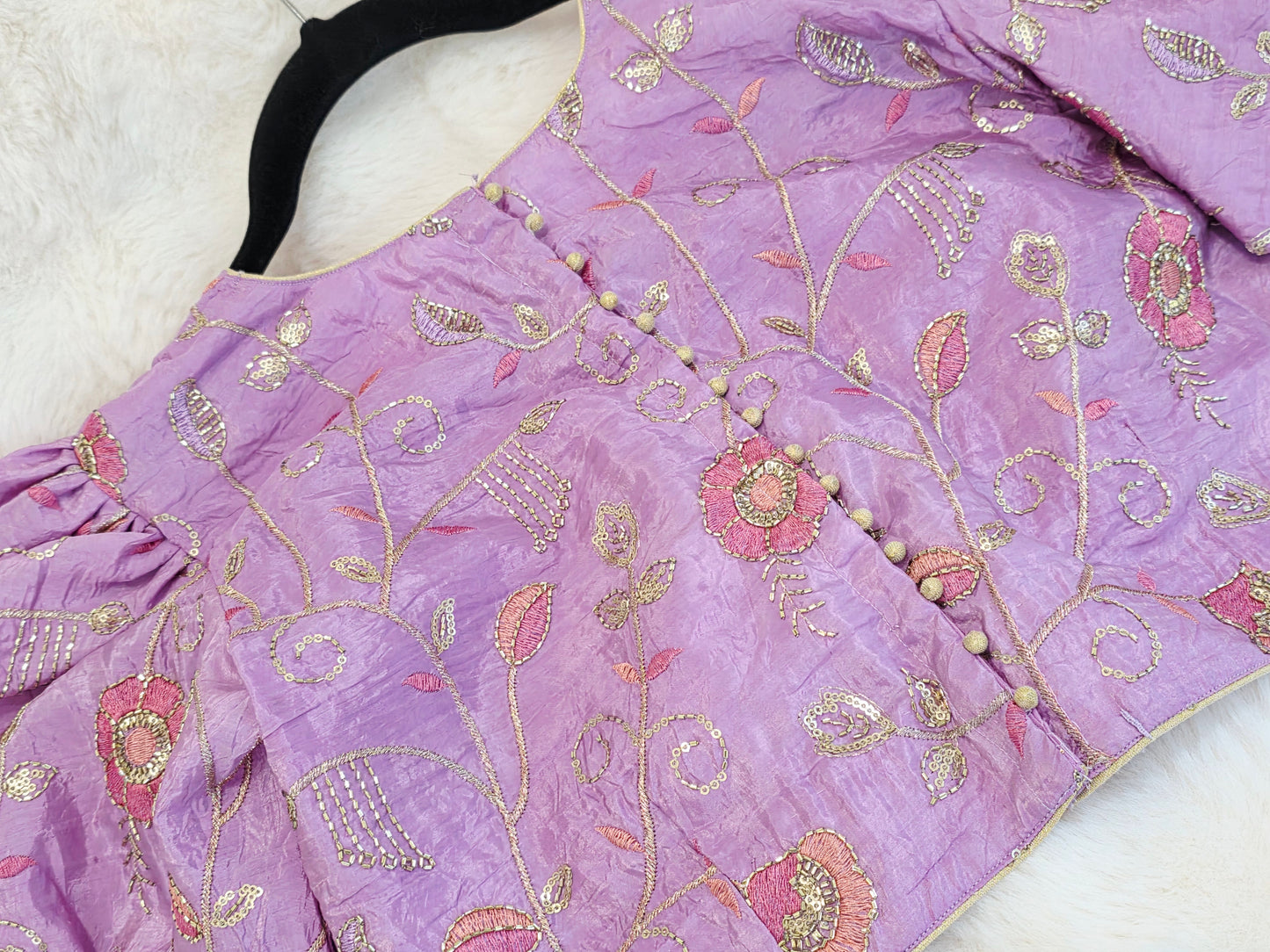 Lavender Bloom Crushed Silk Embroidered Puff Sleeves Blouse