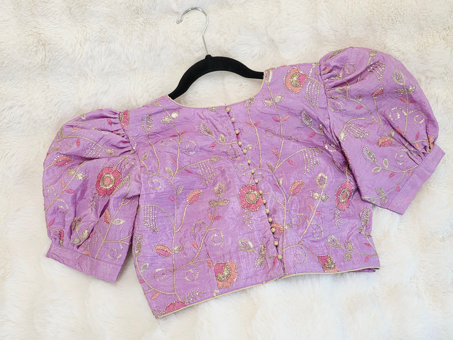 Lavender Bloom Crushed Silk Embroidered Puff Sleeves Blouse