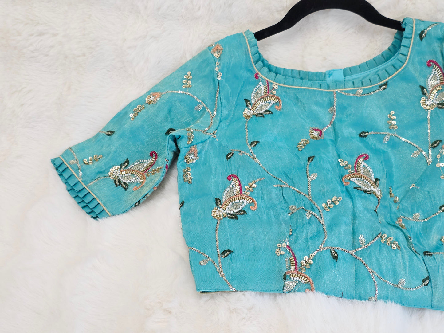 Aqua Blue Tissue Fabric Embroidered Sequins Designer Blouse