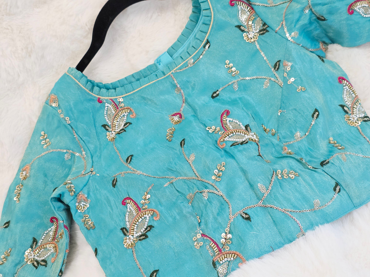 Aqua Blue Tissue Fabric Embroidered Sequins Designer Blouse