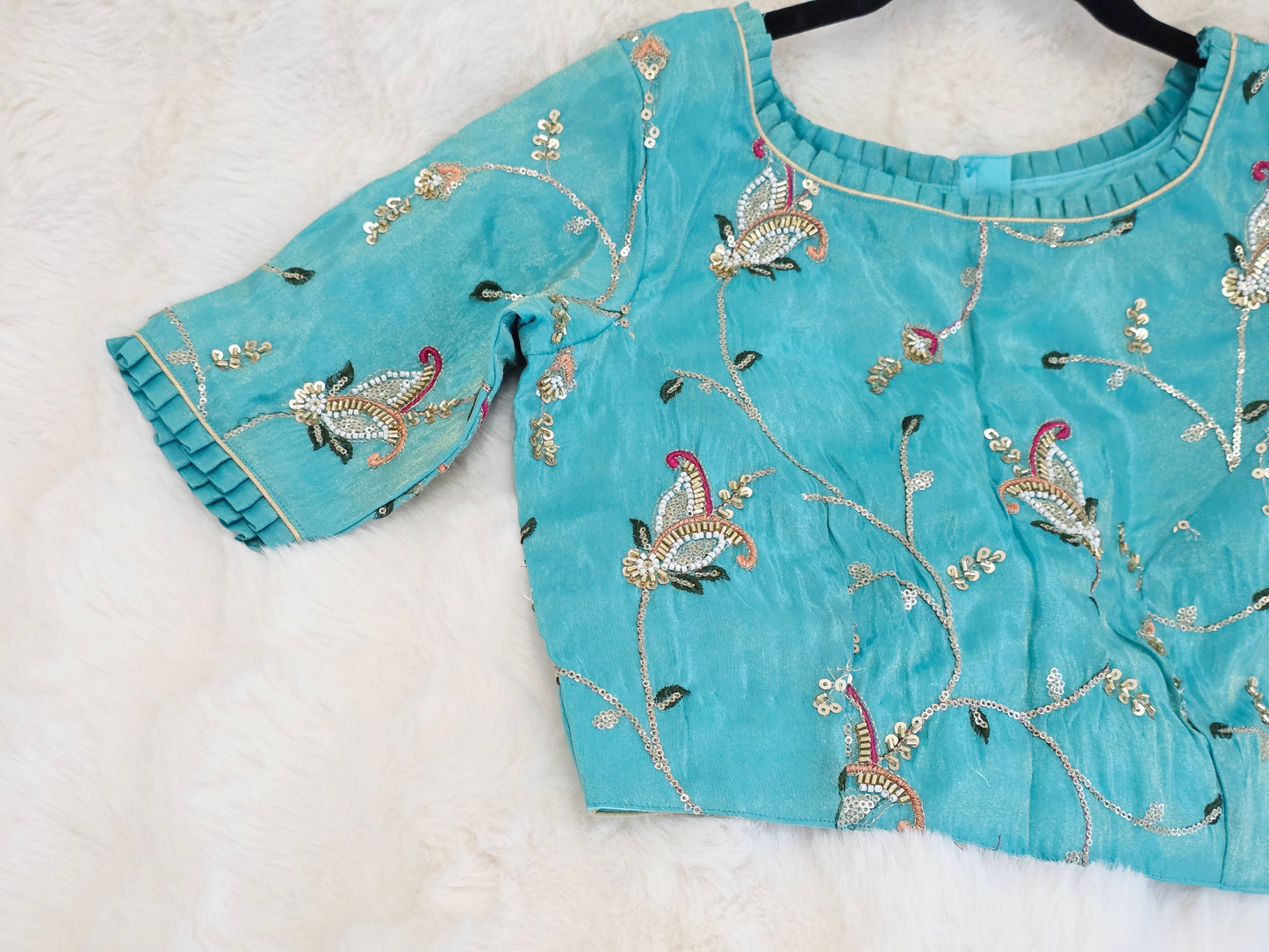 Aqua Blue Tissue Fabric Embroidered Sequins Designer Blouse