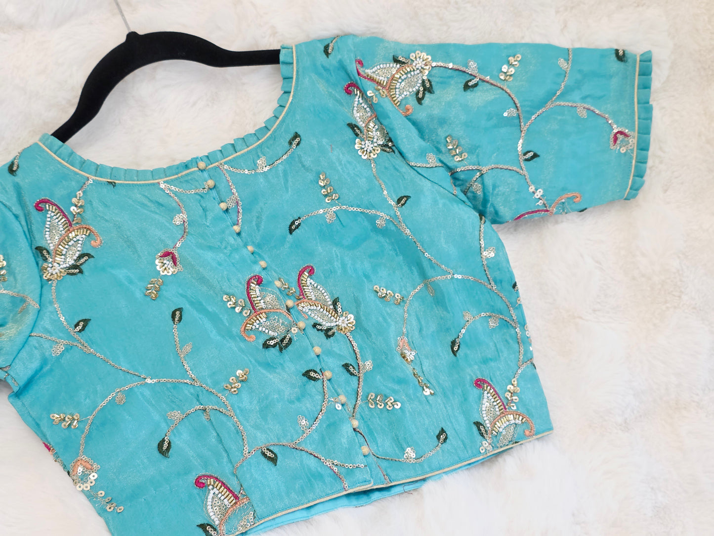 Aqua Blue Tissue Fabric Embroidered Sequins Designer Blouse