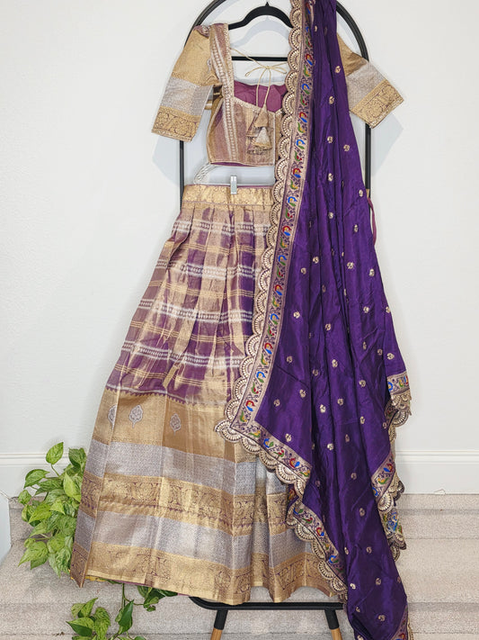 Royal Purple Gold Tissue Benarasi Half Saree Lehenga Set with Dupatta