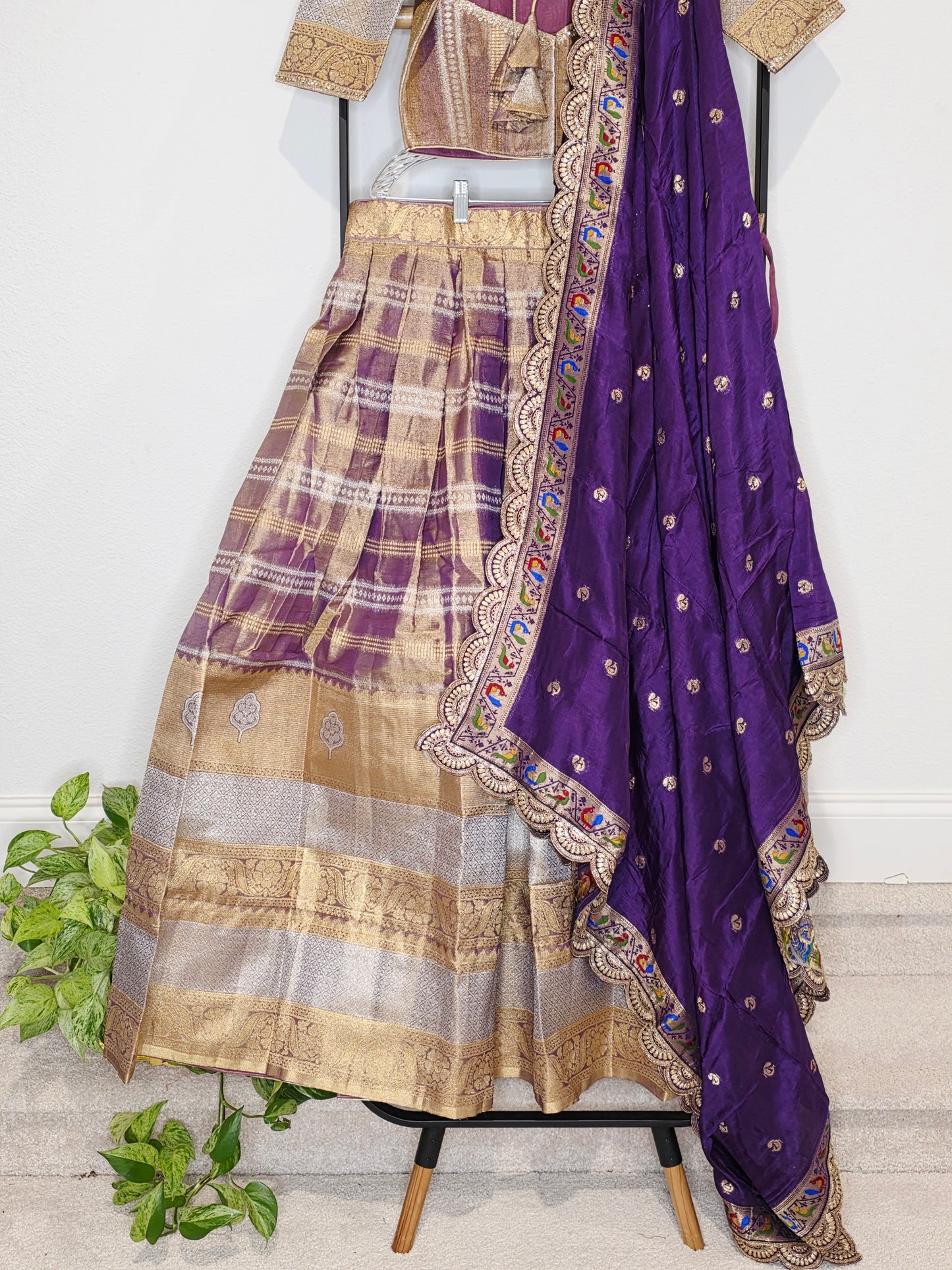 Royal Purple Gold Tissue Benarasi Half Saree Lehenga Set with Dupatta