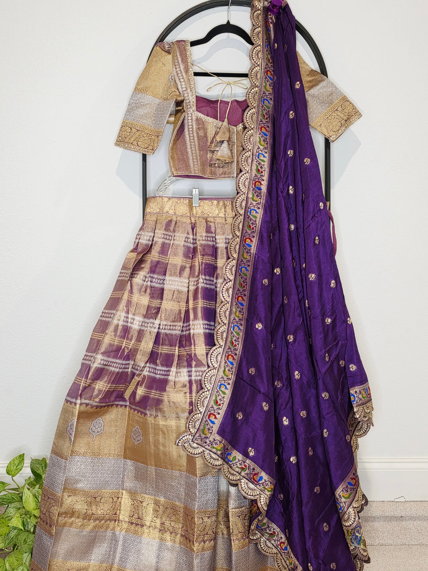 Royal Purple Gold Tissue Benarasi Half Saree Lehenga Set with Dupatta