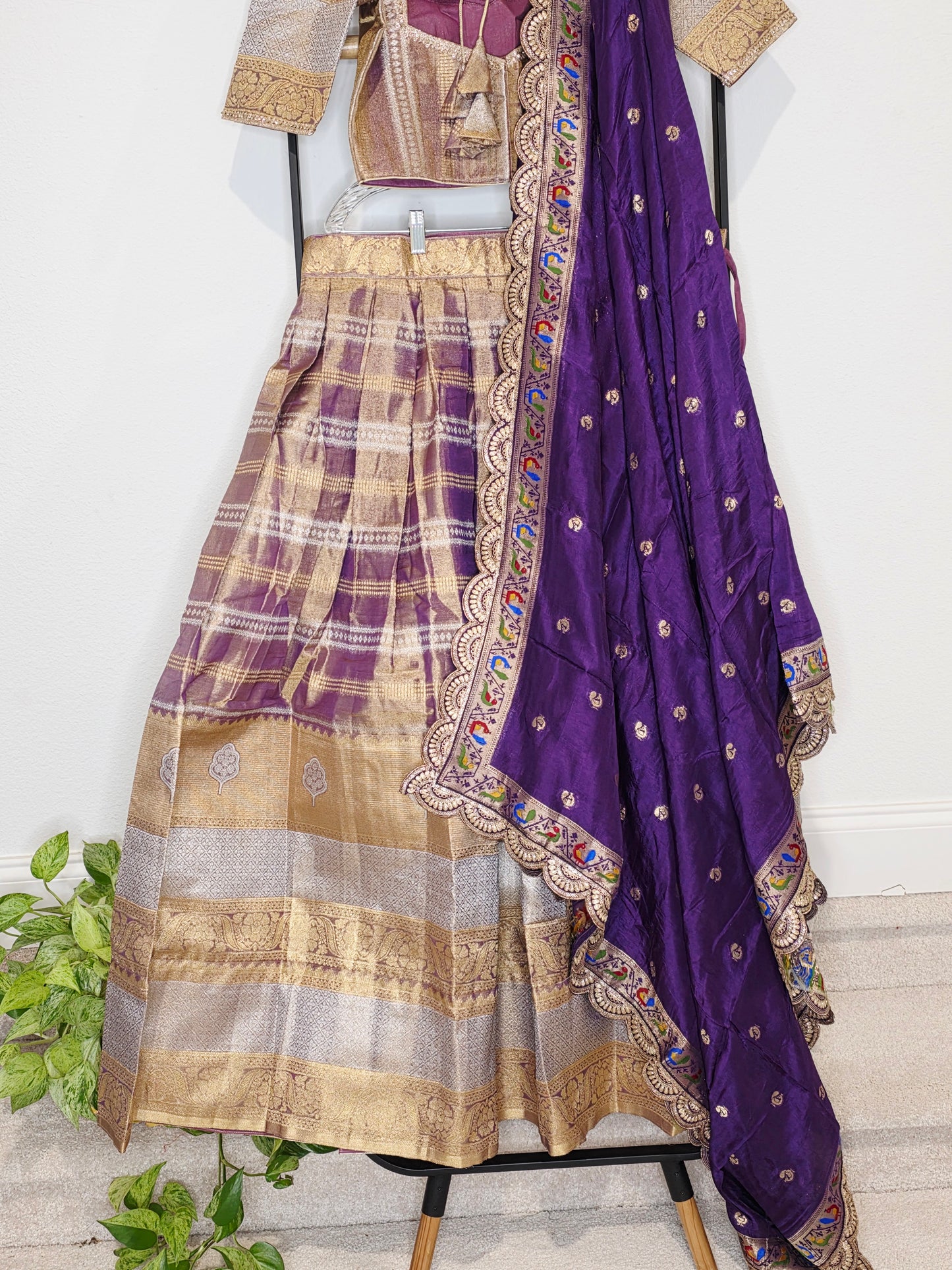 Royal Purple Gold Tissue Benarasi Half Saree Lehenga Set with Dupatta