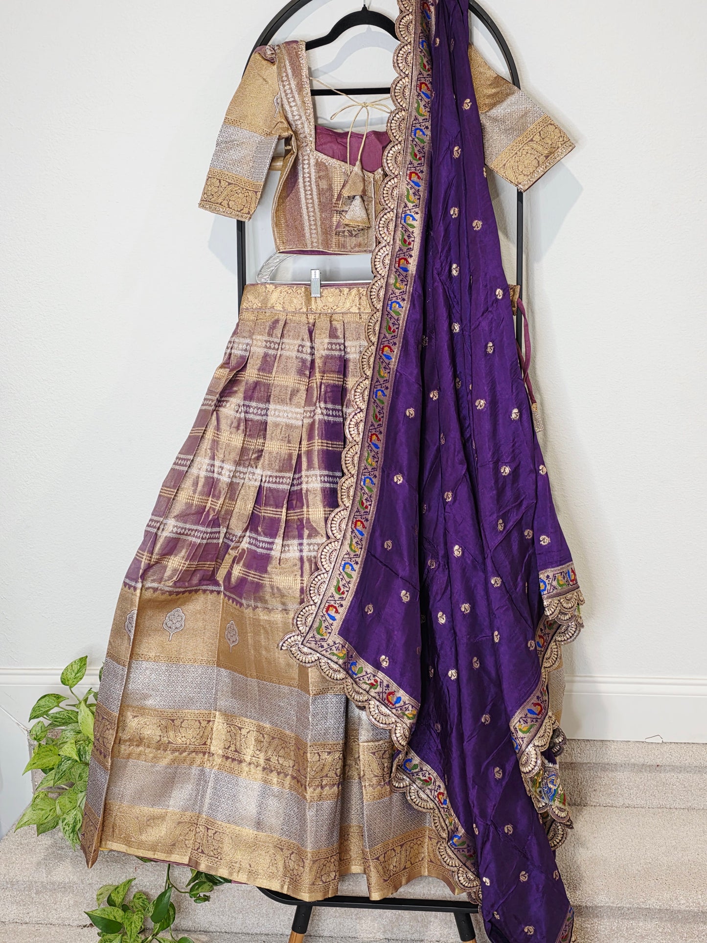 Royal Purple Gold Tissue Benarasi Half Saree Lehenga Set with Dupatta