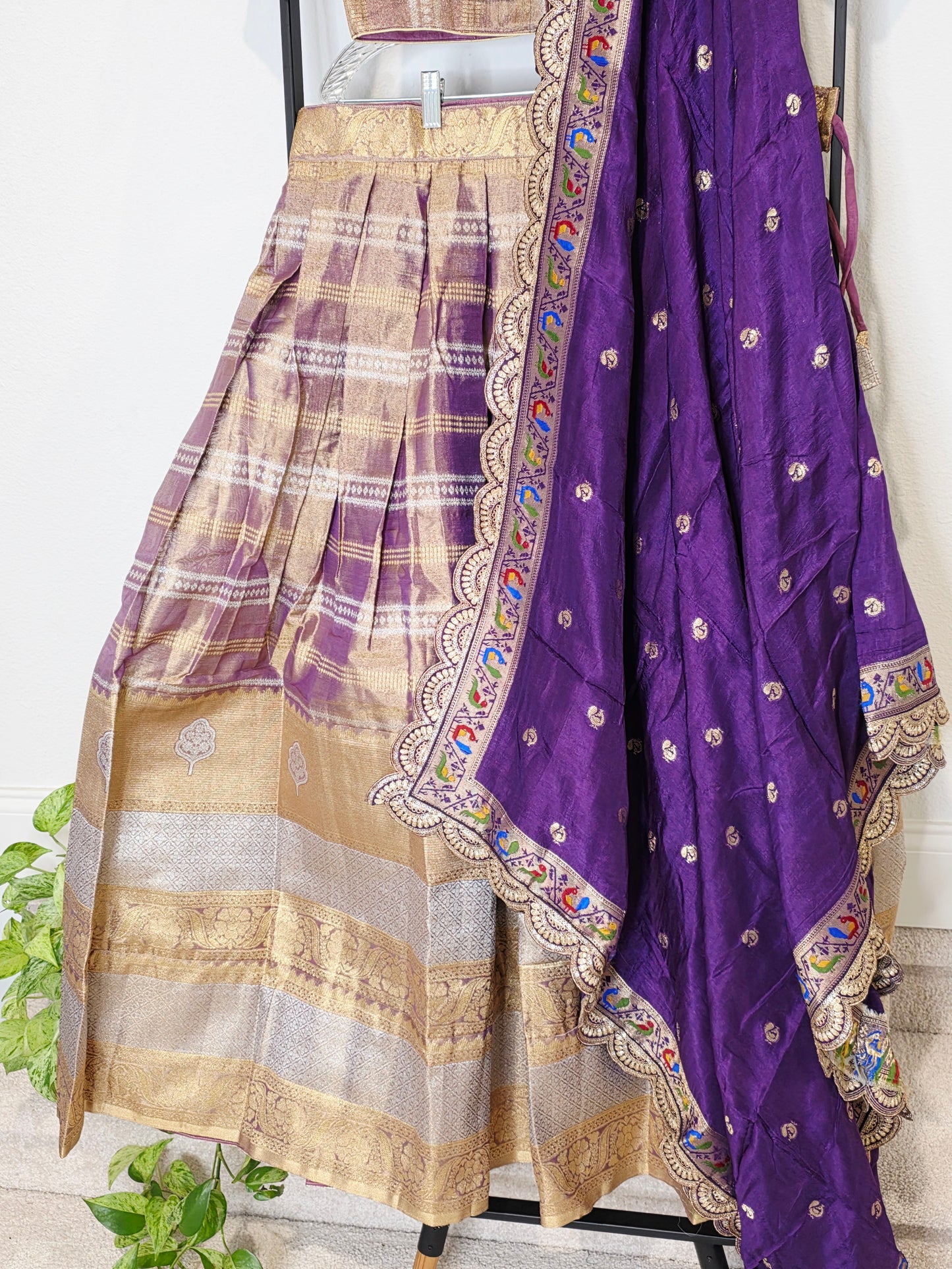 Royal Purple Gold Tissue Benarasi Half Saree Lehenga Set with Dupatta