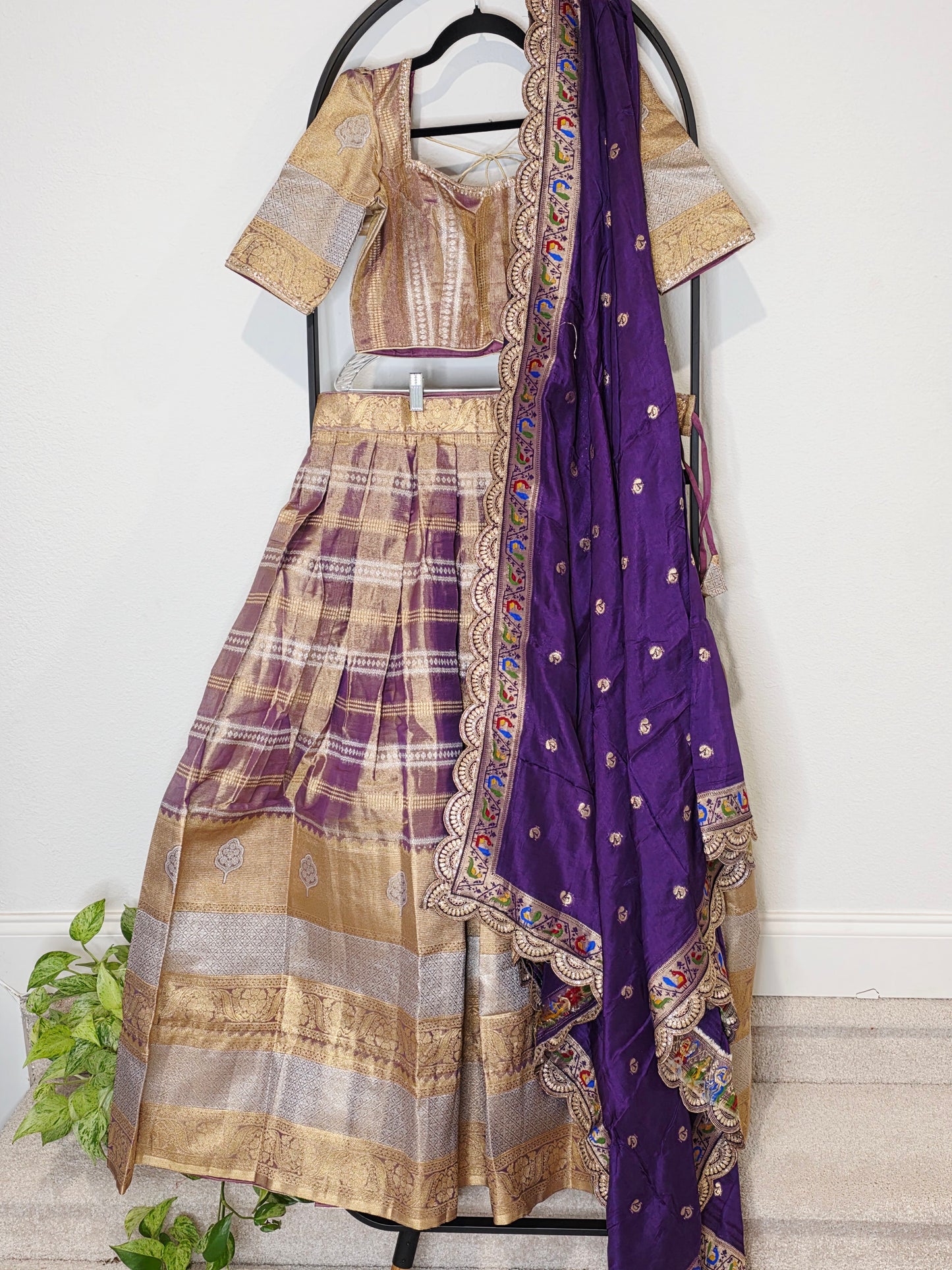 Royal Purple Gold Tissue Benarasi Half Saree Lehenga Set with Dupatta