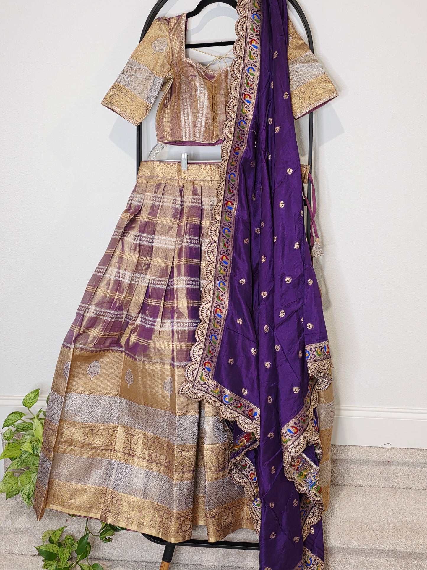 Royal Purple Gold Tissue Benarasi Half Saree Lehenga Set with Dupatta