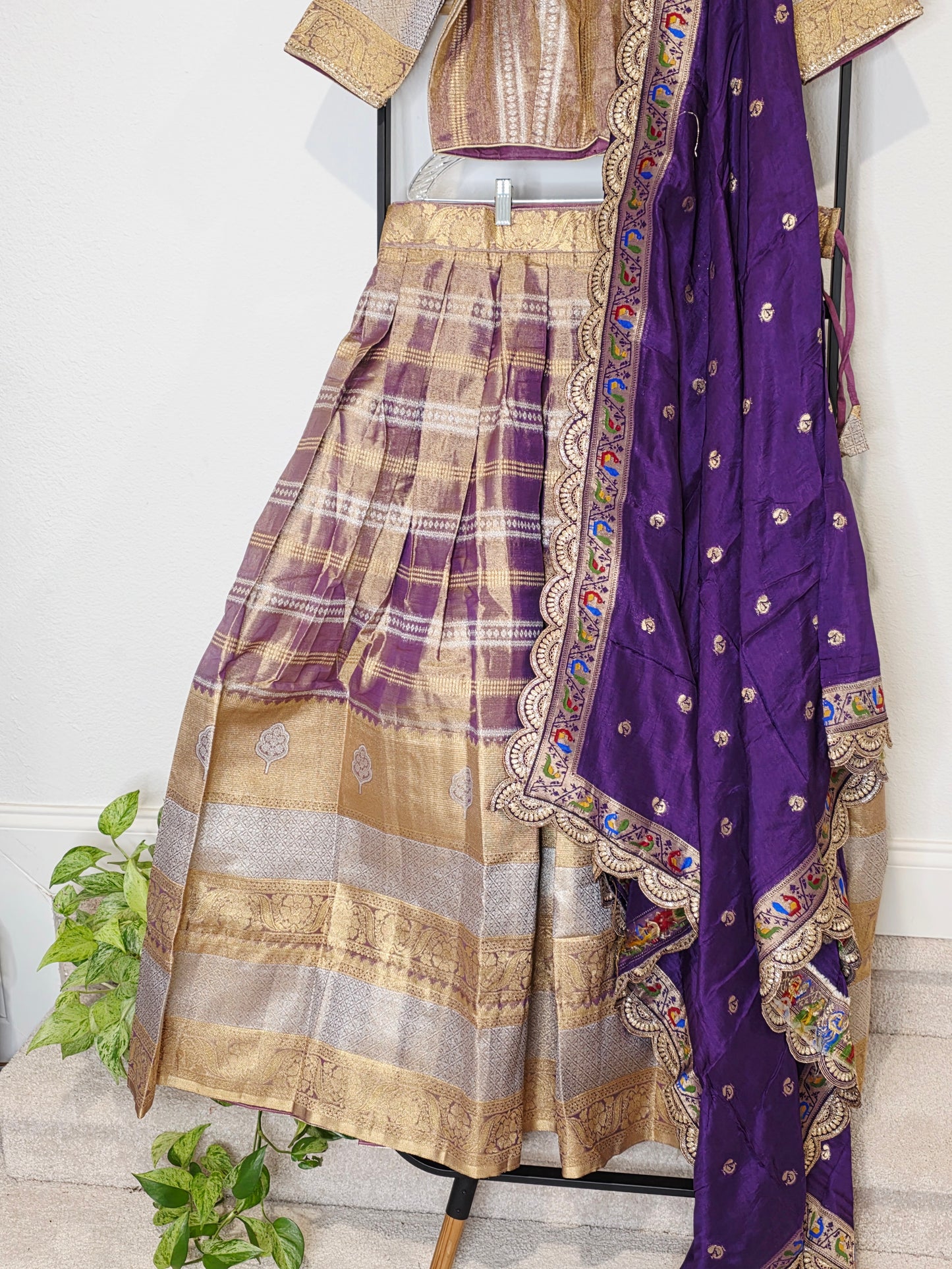Royal Purple Gold Tissue Benarasi Half Saree Lehenga Set with Dupatta