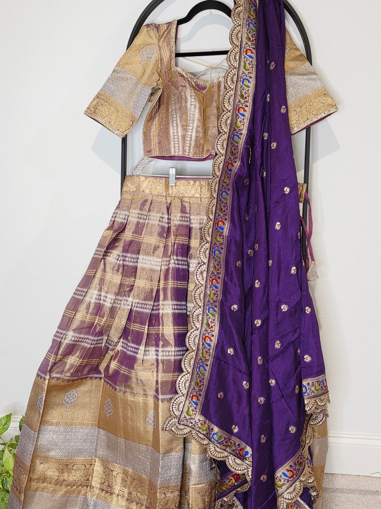 Royal Purple Gold Tissue Benarasi Half Saree Lehenga Set with Dupatta