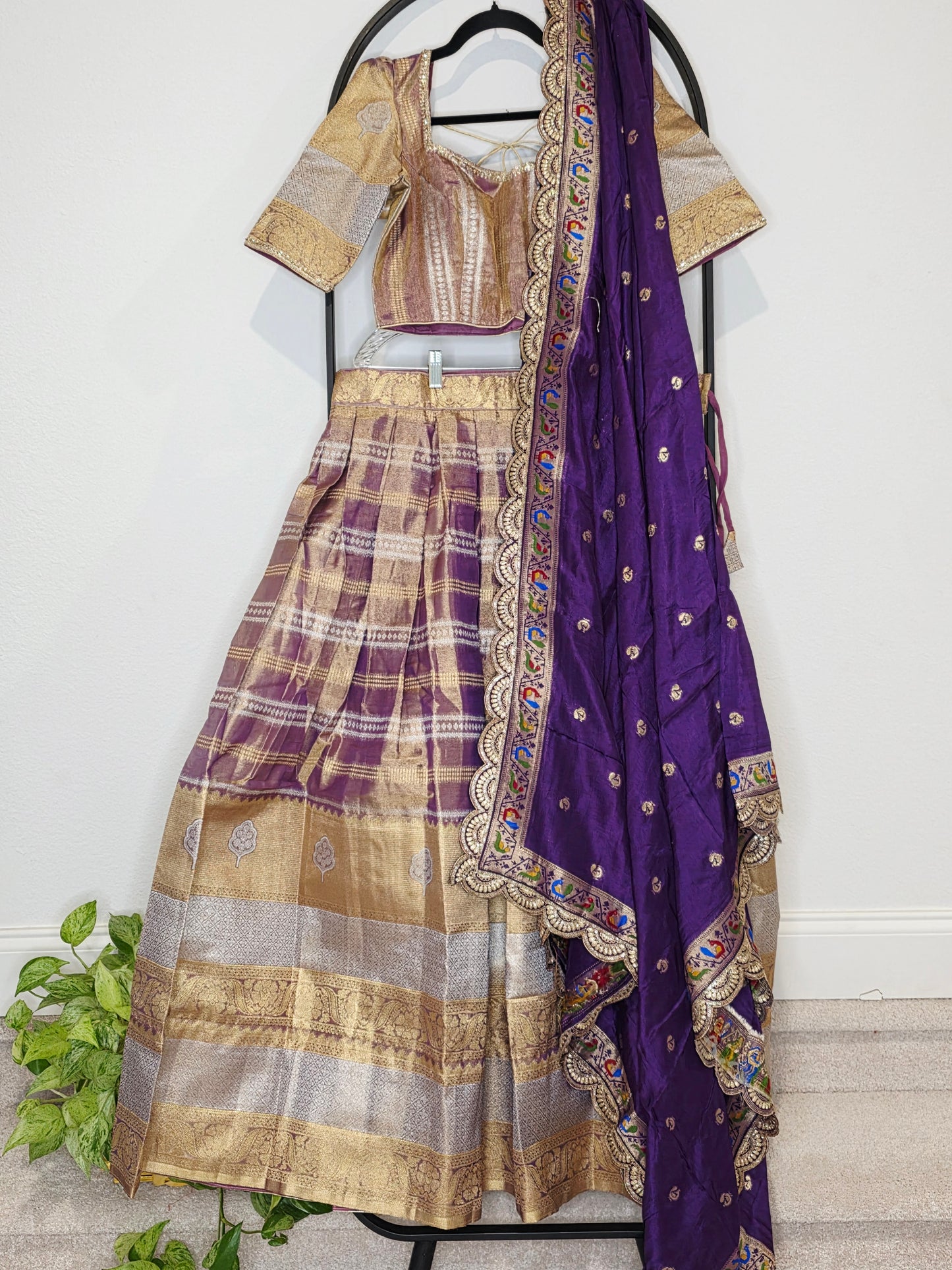 Royal Purple Gold Tissue Benarasi Half Saree Lehenga Set with Dupatta