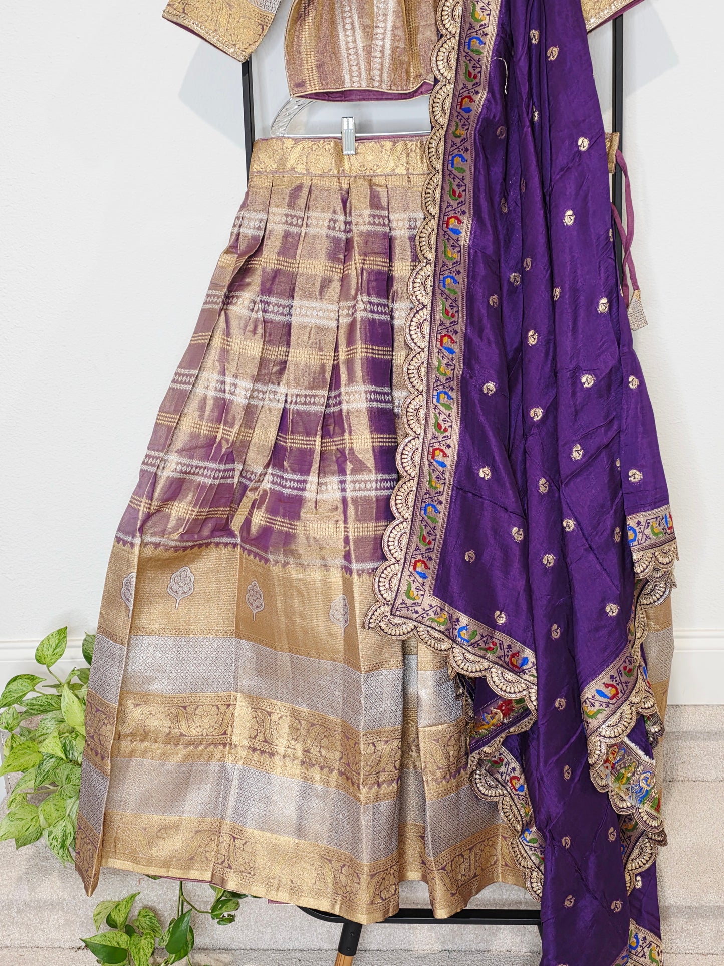 Royal Purple Gold Tissue Benarasi Half Saree Lehenga Set with Dupatta